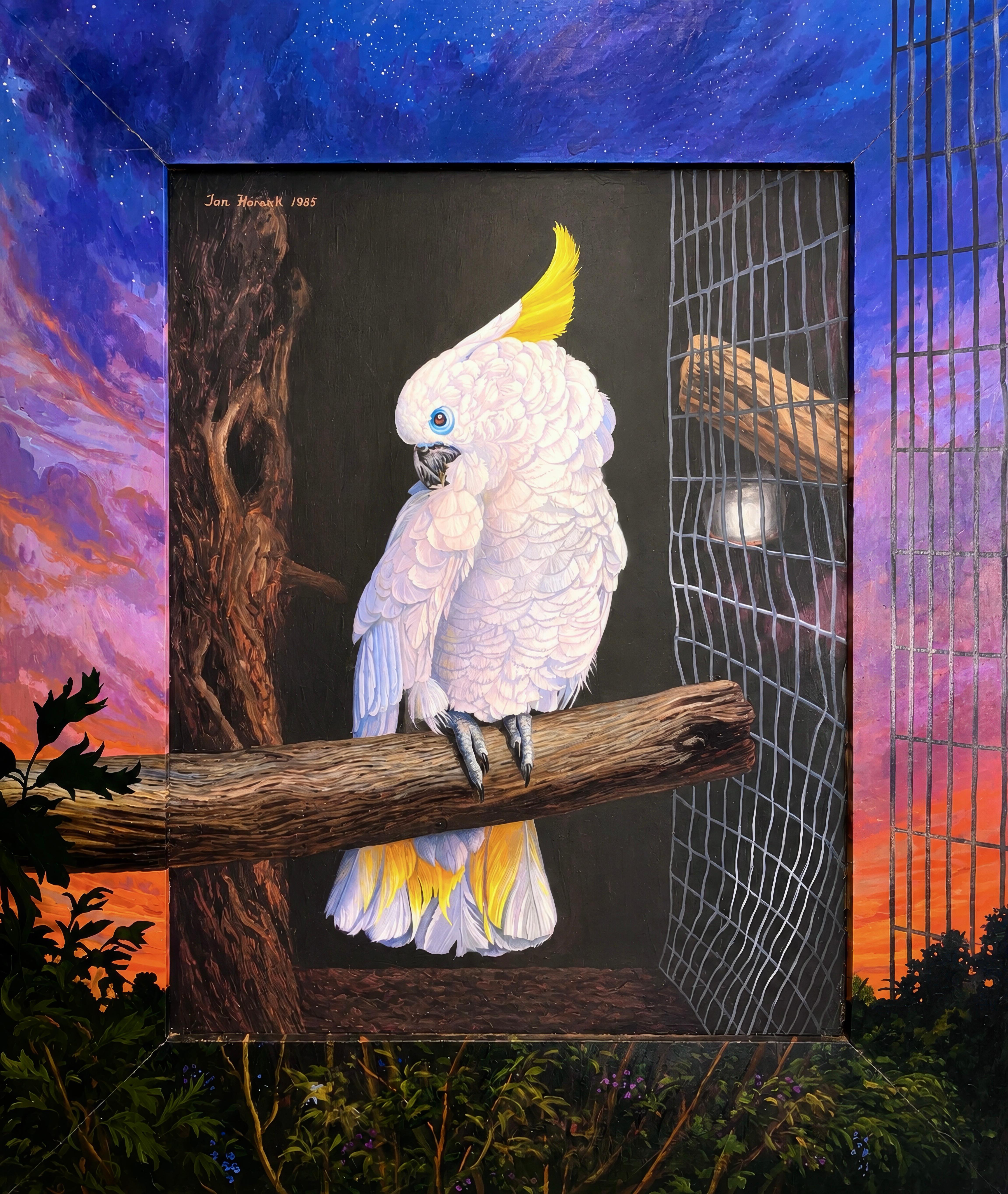 This exquisite acrylic painting by Ian Hornak (1944–2002), titled Cockatoo, was executed in 1985. The masterfully conceived composition exemplifies Hornak’s mature synthesis of Hyperrealism, symbolism, and art historical reference, presenting a