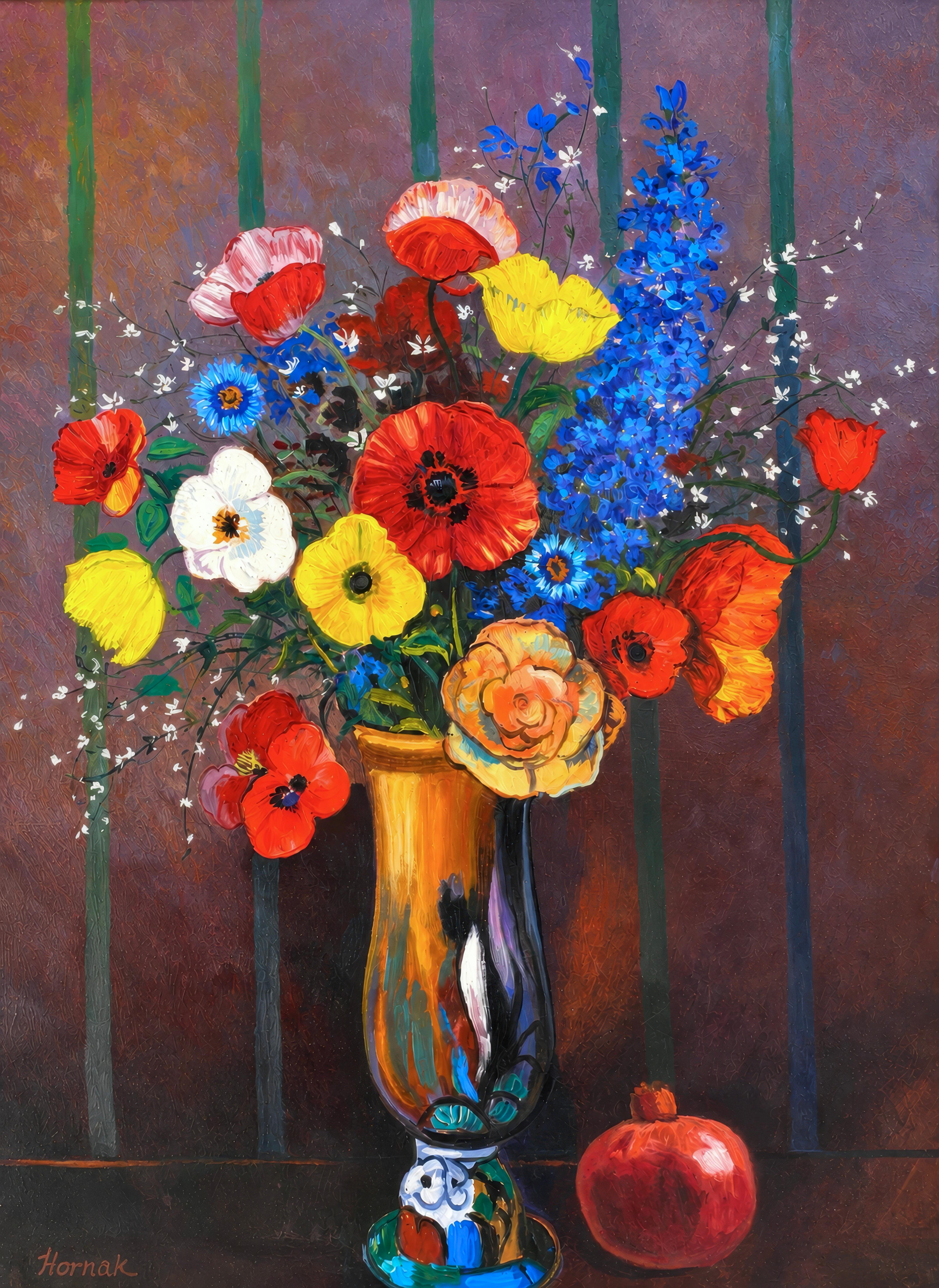 Dieses exquisite Ölgemälde von Ian Hornak (1944-2002) mit dem Titel Les fleurs à la Manière de Redon #8: delphiniums and poppies (Blumen in der Manier von Redon #8: Rittersporn und Mohnblumen) wurde 1998 geschaffen. Die lebendige und reich