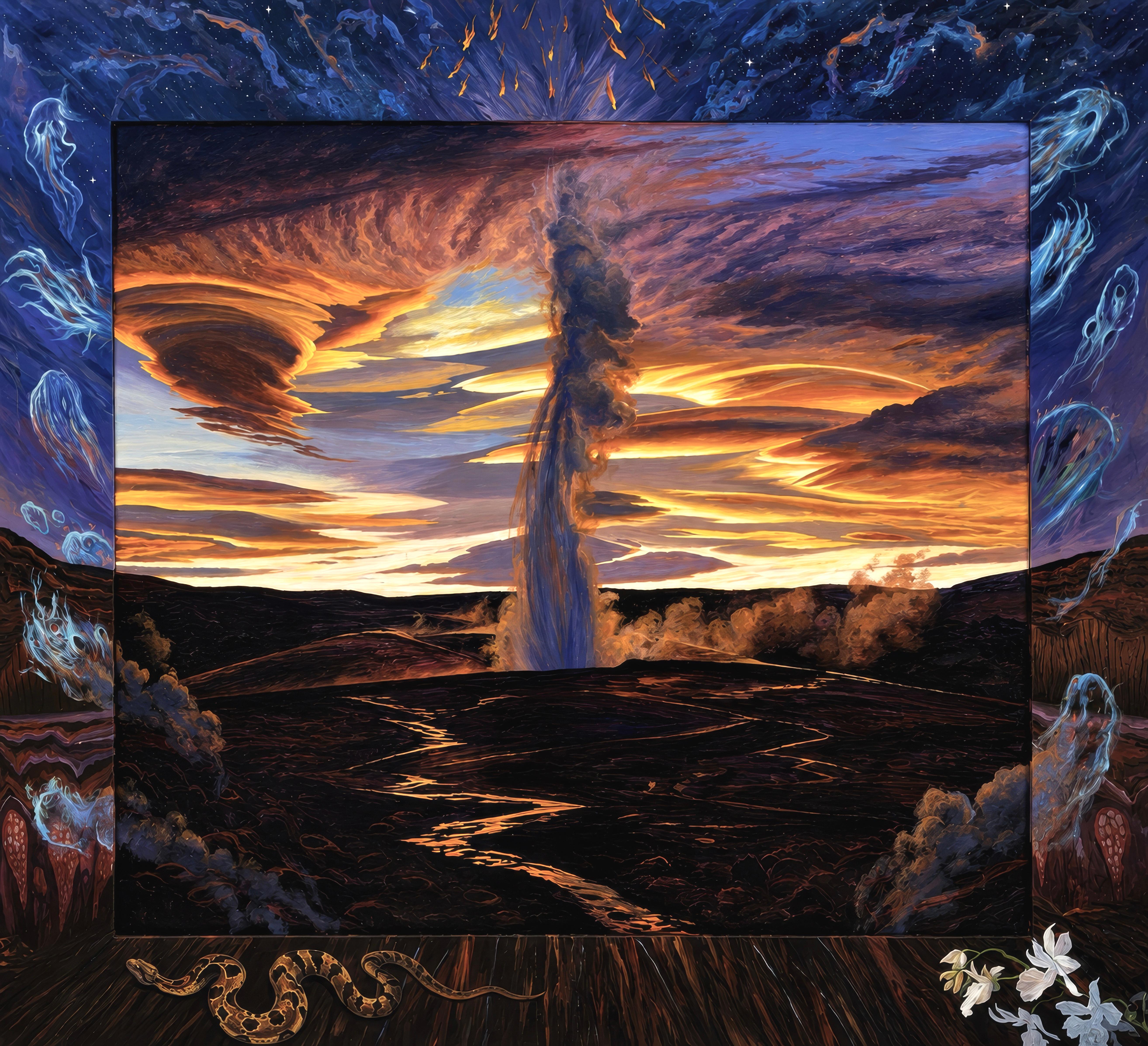 This exquisite acrylic painting by Ian Hornak (1944–2002), titled Ghosts at Dawn, was executed in 1985. The monumental and visionary composition represents one of the most ambitious works from a pivotal transitional period in Hornak’s career, when