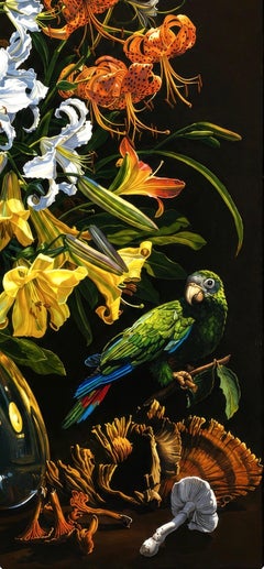 Ian Hornak, Lilien und Pilze mit meinem Papagei Kouka, 1986
