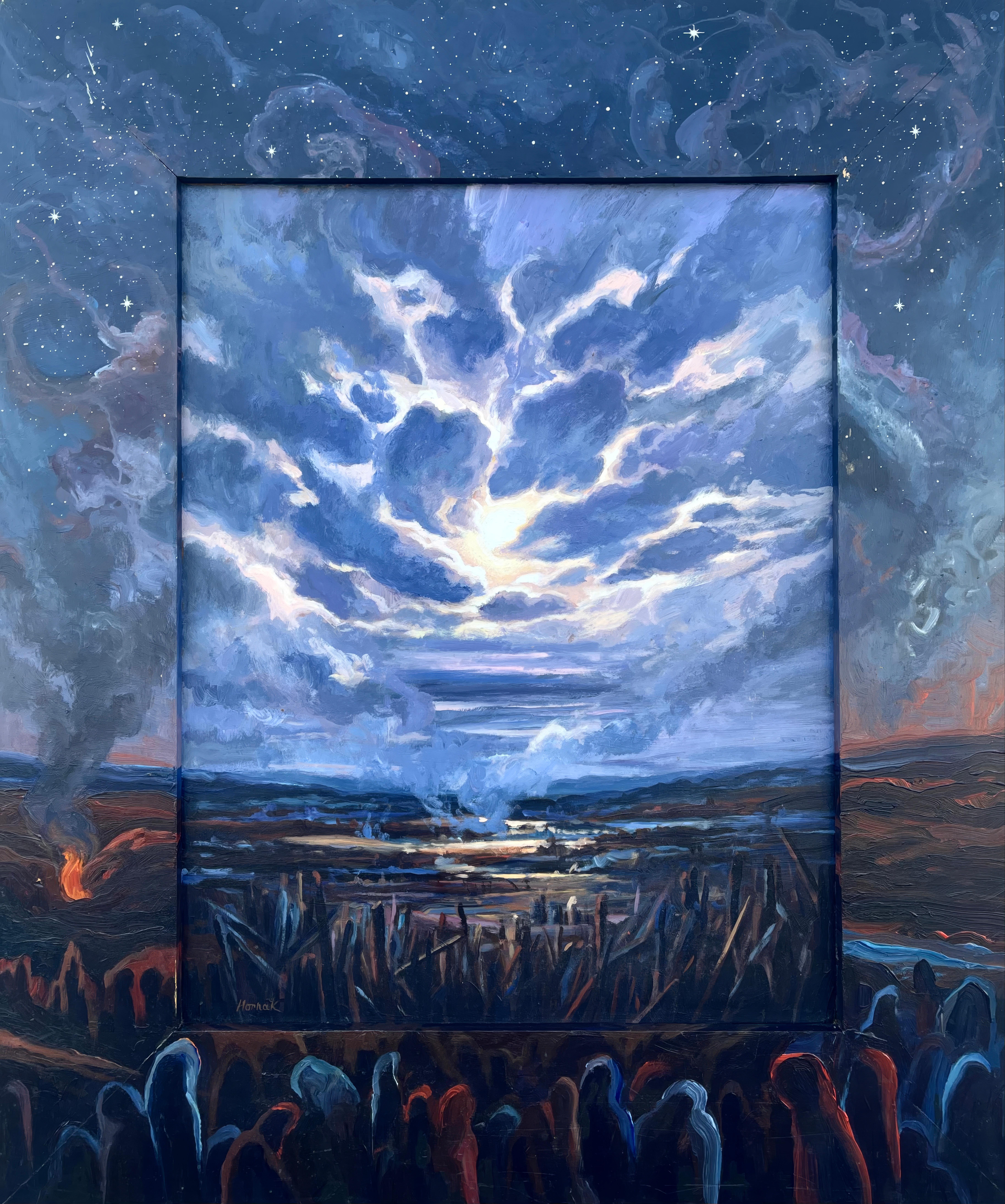 Cette exquise peinture acrylique de Ian Hornak (1944-2002), intitulée Waiting for the Barbarians, a été exécutée en 1985. Le tableau appartient à l'un des chapitres les plus intrigants et transitoires de la carrière de Hornak et fait partie de la