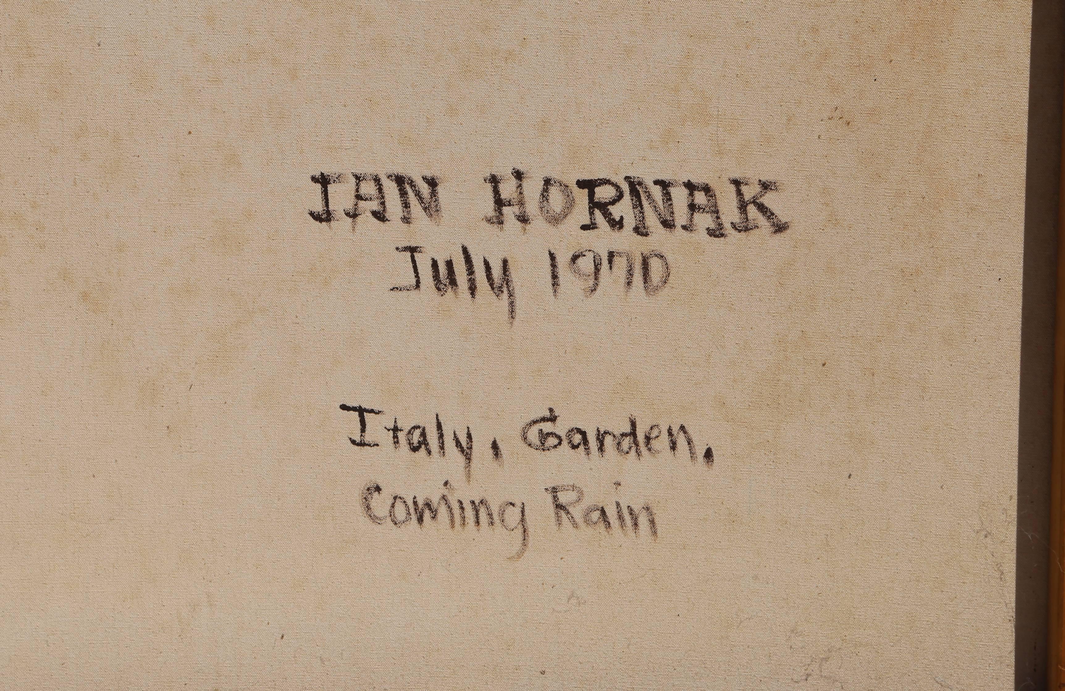 Artist: Ian Hornak, American (1944 - 2002)
Title: Italy, Garden, Coming Rain
Year: 1970
Medium:	Oil on Canvas, signed verso
Image Size: 28.75  x 38 in. (73.03  x 96.52 cm)
Canvas Size: 40 x 50 inches