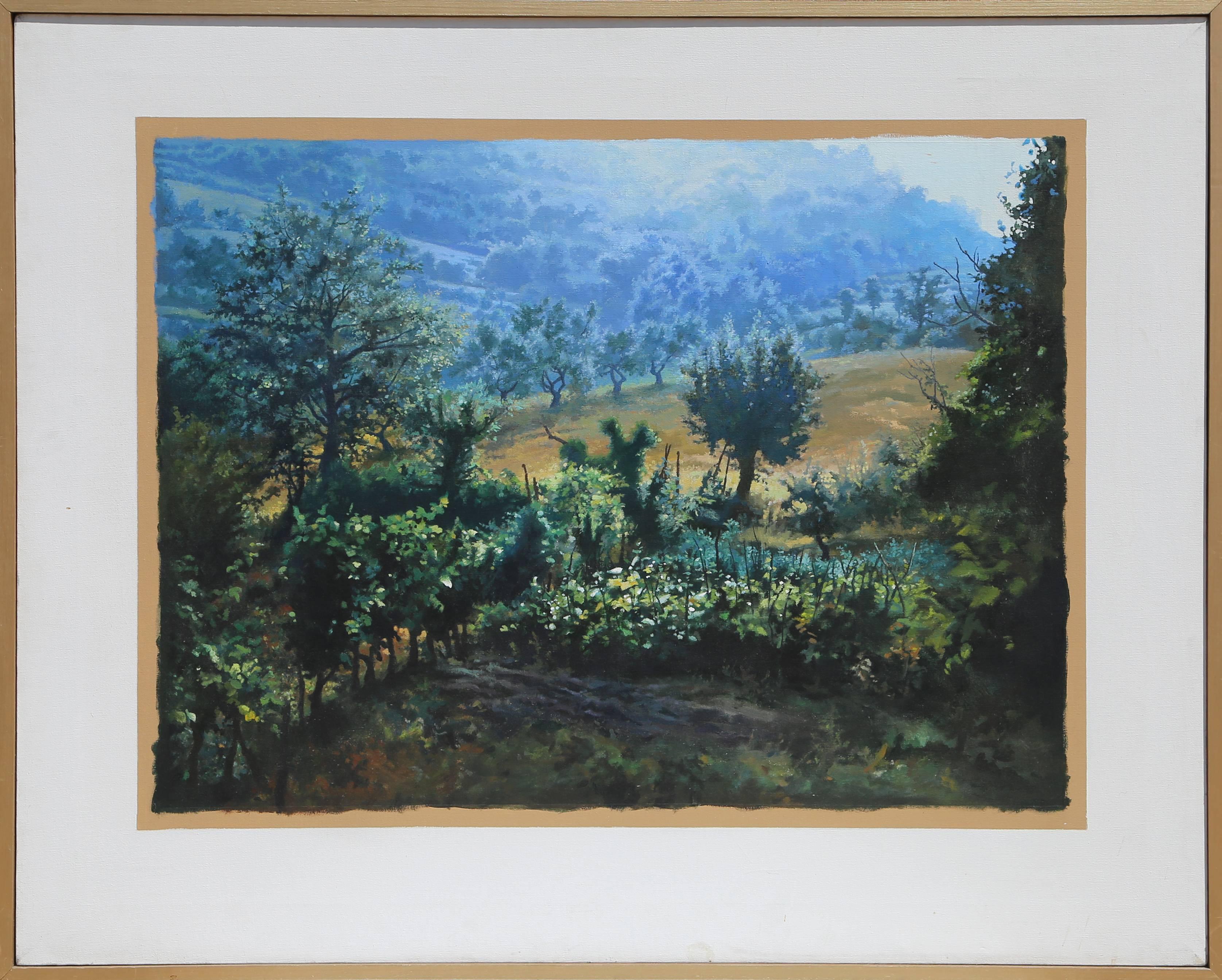 Artista: Ian Hornak, estadounidense (1944 - 2002)
Título: Italia, Jardín, Lluvia que viene
Año: 1970
Medio:	Óleo sobre lienzo, firmado al dorso
Tamaño de la imagen: 28,75  x 38 pulg. (73,03  x 96,52 cm)
Tamaño del lienzo: 40 x 50 pulgadas