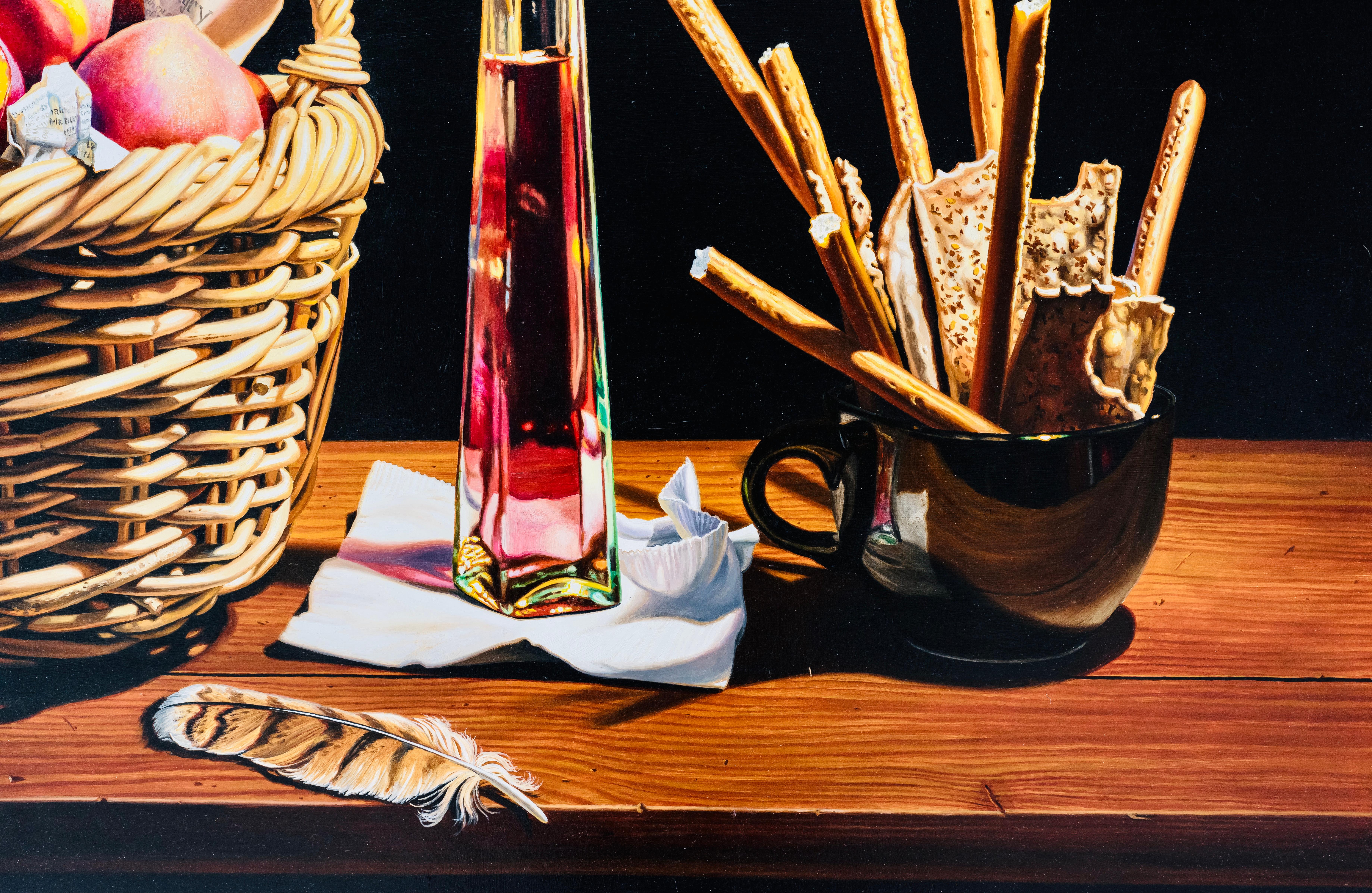 Still Life with Basket of Peaches and Feather - Painting by Ian Hornak