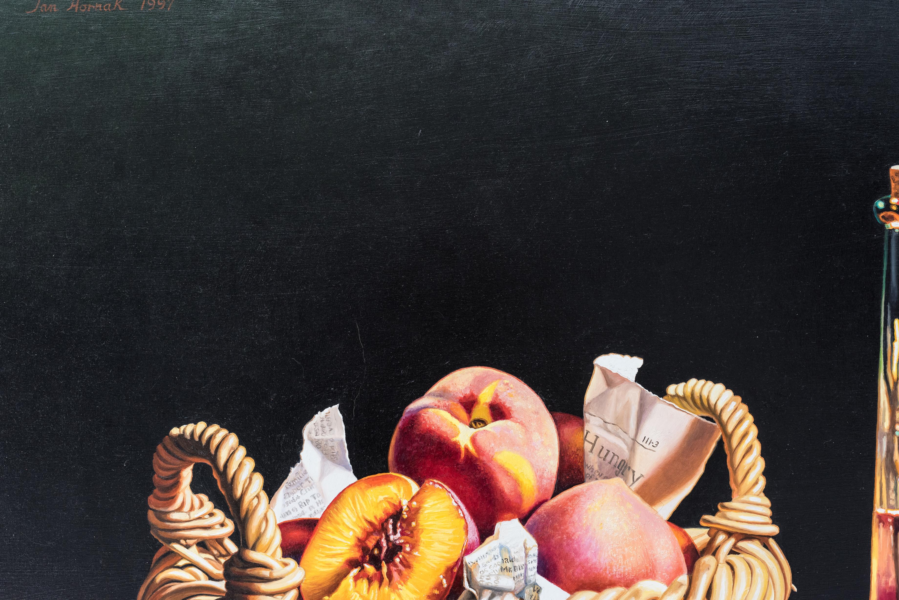Still Life with Basket of Peaches and Feather - Photorealist Painting by Ian Hornak