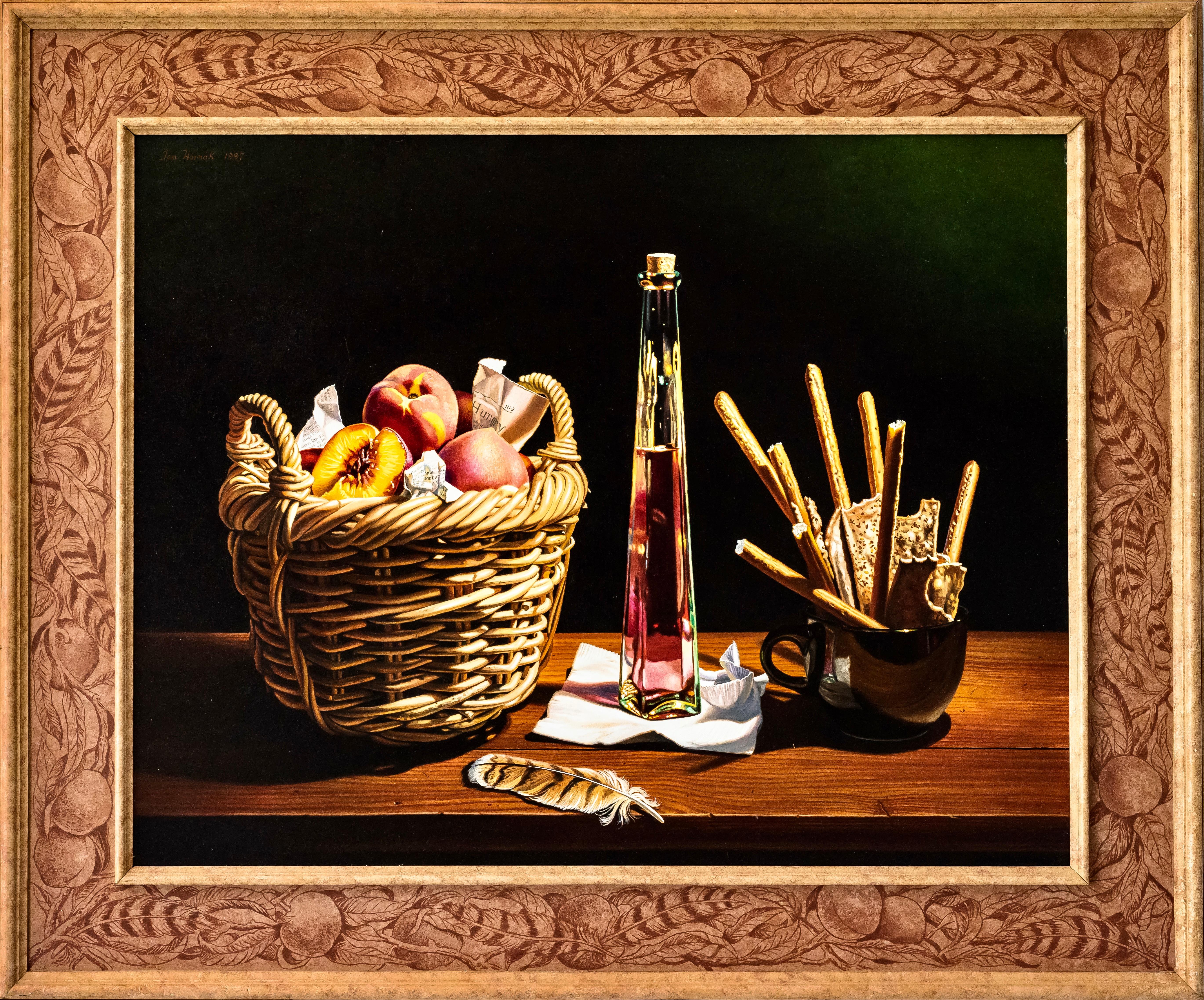 Artist: Ian Hornak (1944-2002)
Title: Still Life w/Basket of Peaches and Feather
Year: 1997
Medium: Oil on Panel, with Artist Painted Frame
Size: 44.50 x 53.50 inches
Condition: Excellent
Inscription: Signed, dated, and titled by the