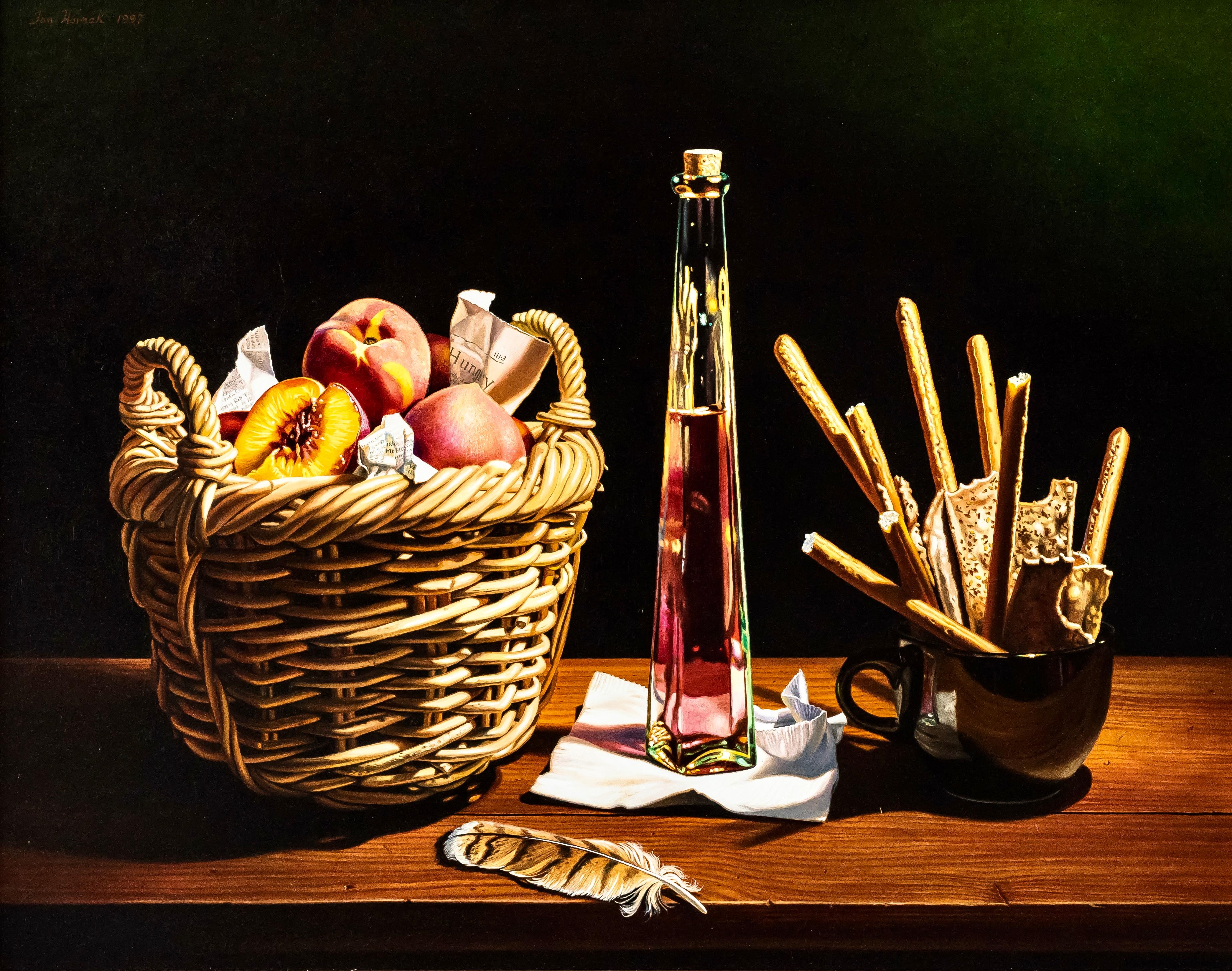 Ian Hornak Landscape Painting - Still Life with Basket of Peaches and Feather