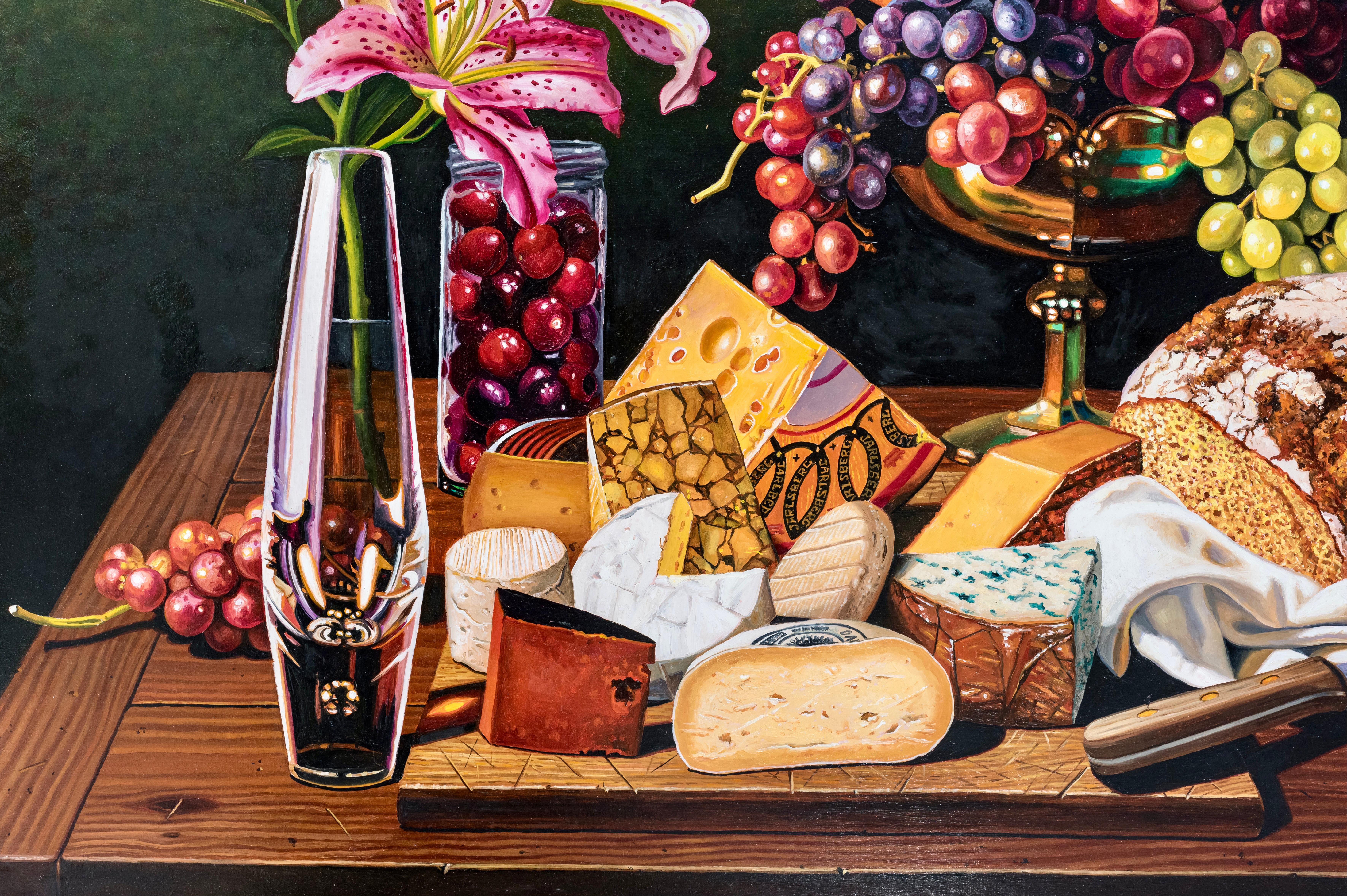 Still Life with Bread, Cheese, Grapes and Lillies - Painting by Ian Hornak