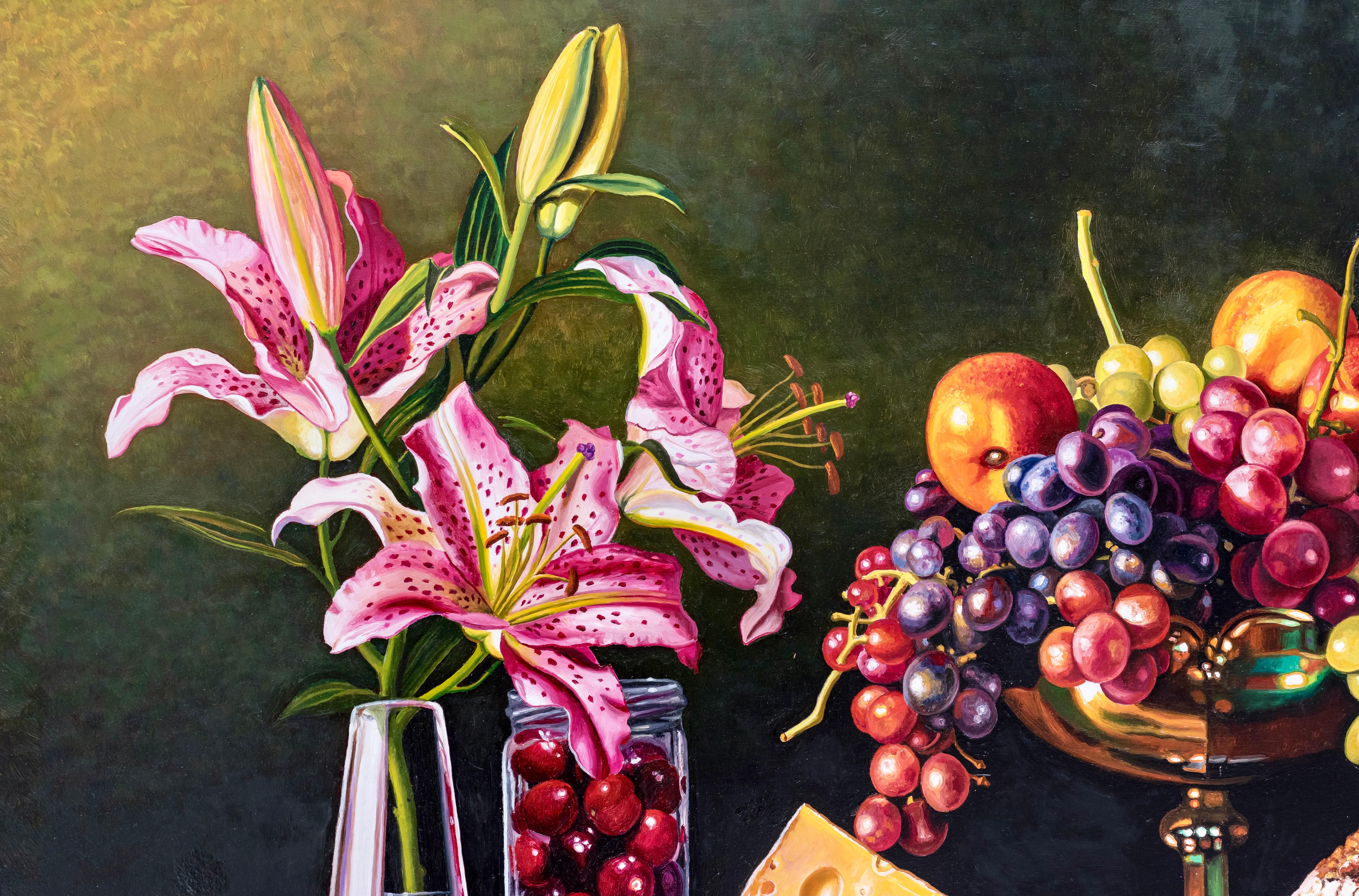 Still Life with Bread, Cheese, Grapes and Lillies - Photorealist Painting by Ian Hornak