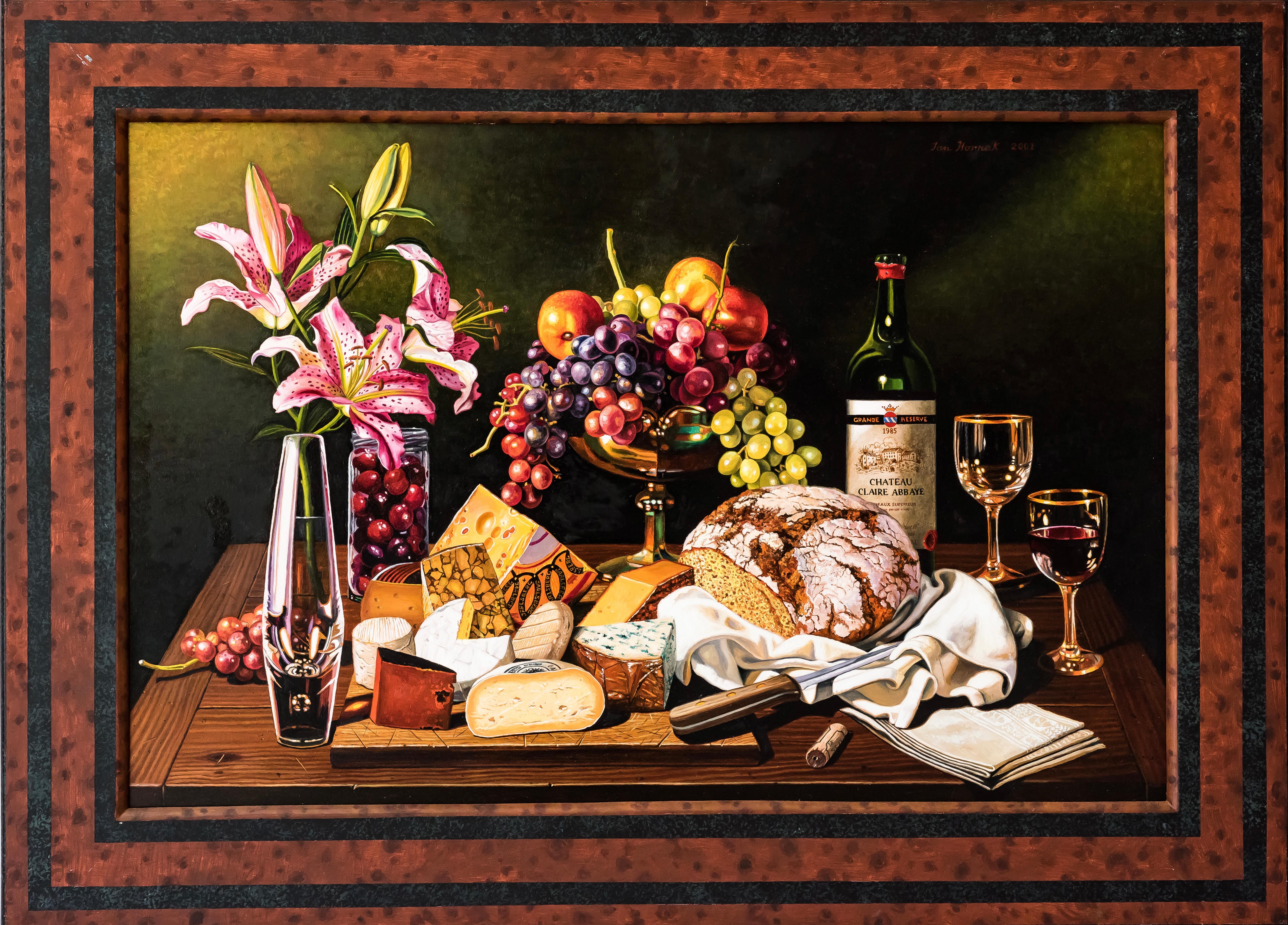 Still Life with Bread, Cheese, Grapes and Lillies 1