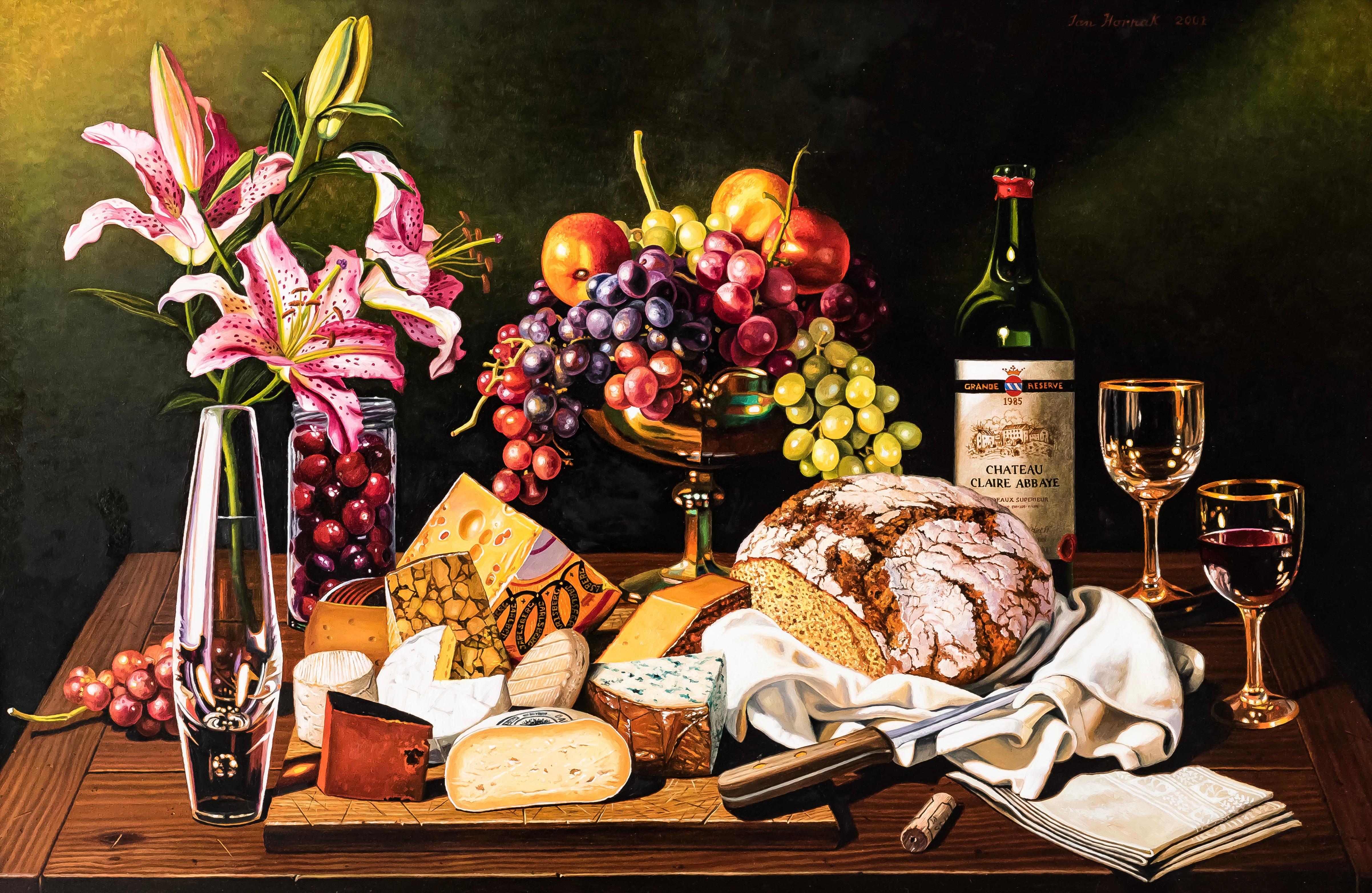 Ian Hornak Still-Life Painting - Still Life with Bread, Cheese, Grapes and Lillies