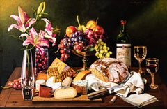 Still Life with Bread, Cheese, Grapes and Lillies