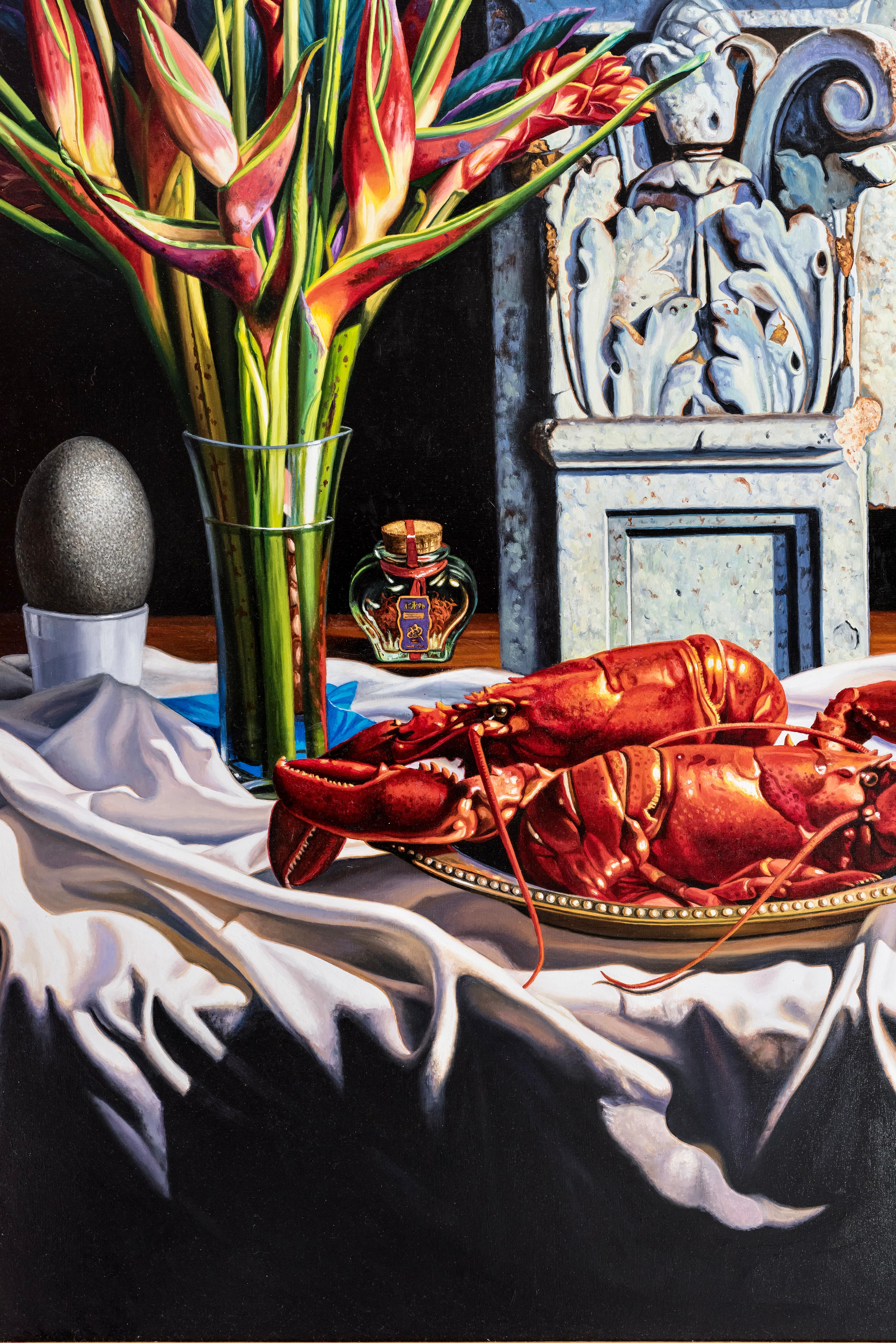 Still Life with Lobster, Helicona, & Silver Pitcher - Painting by Ian Hornak