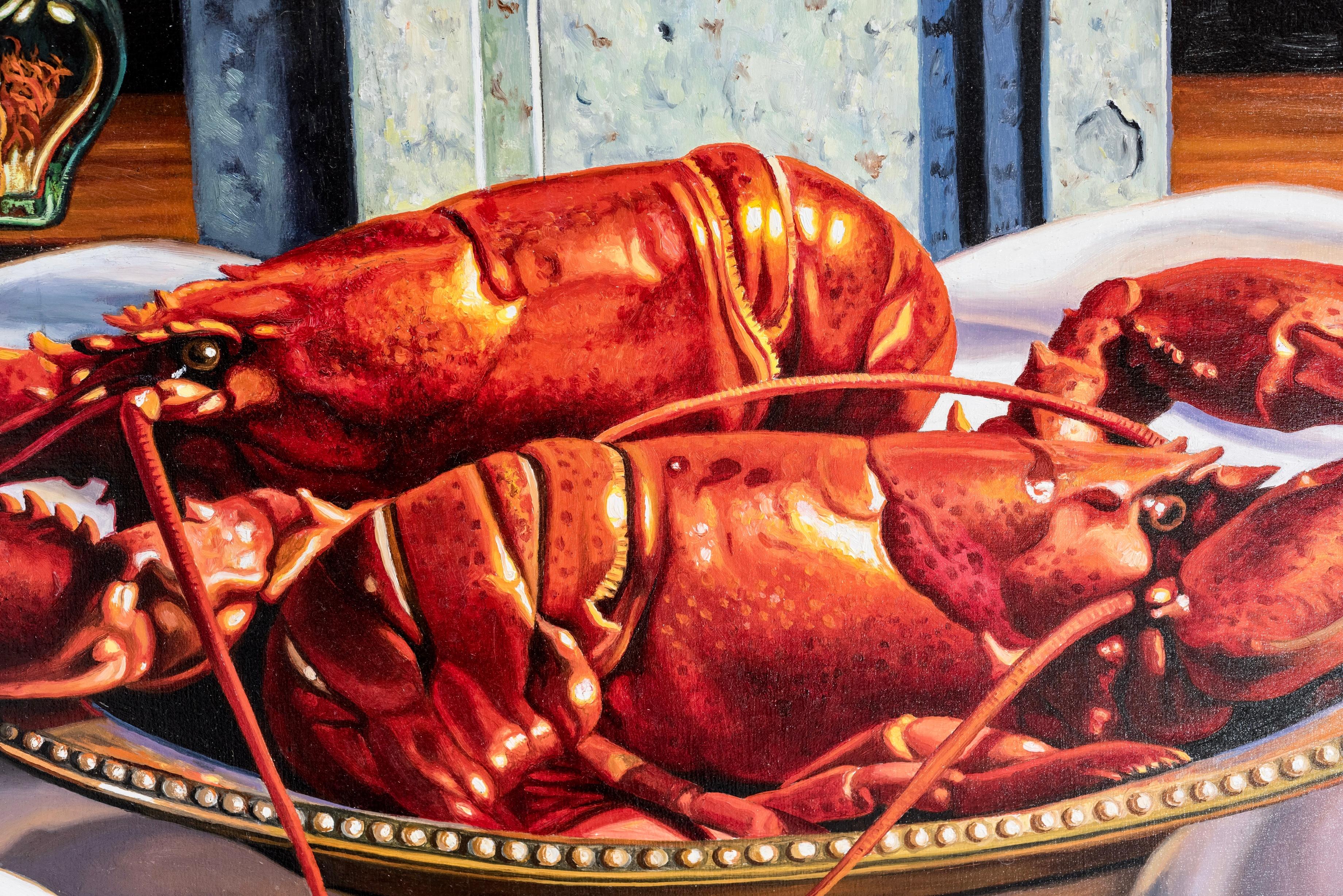 Artista: Ian Hornak (1944-2002)
Título: Bodegón con langosta, helicona y plata 
Jarra
Año: 1998
Técnica: Óleo sobre tabla, con marco pintado por el artista
Tamaño: 59 x 46 pulgadas
Estado: Excelente
Inscripción: Firmada, fechada y titulada por el