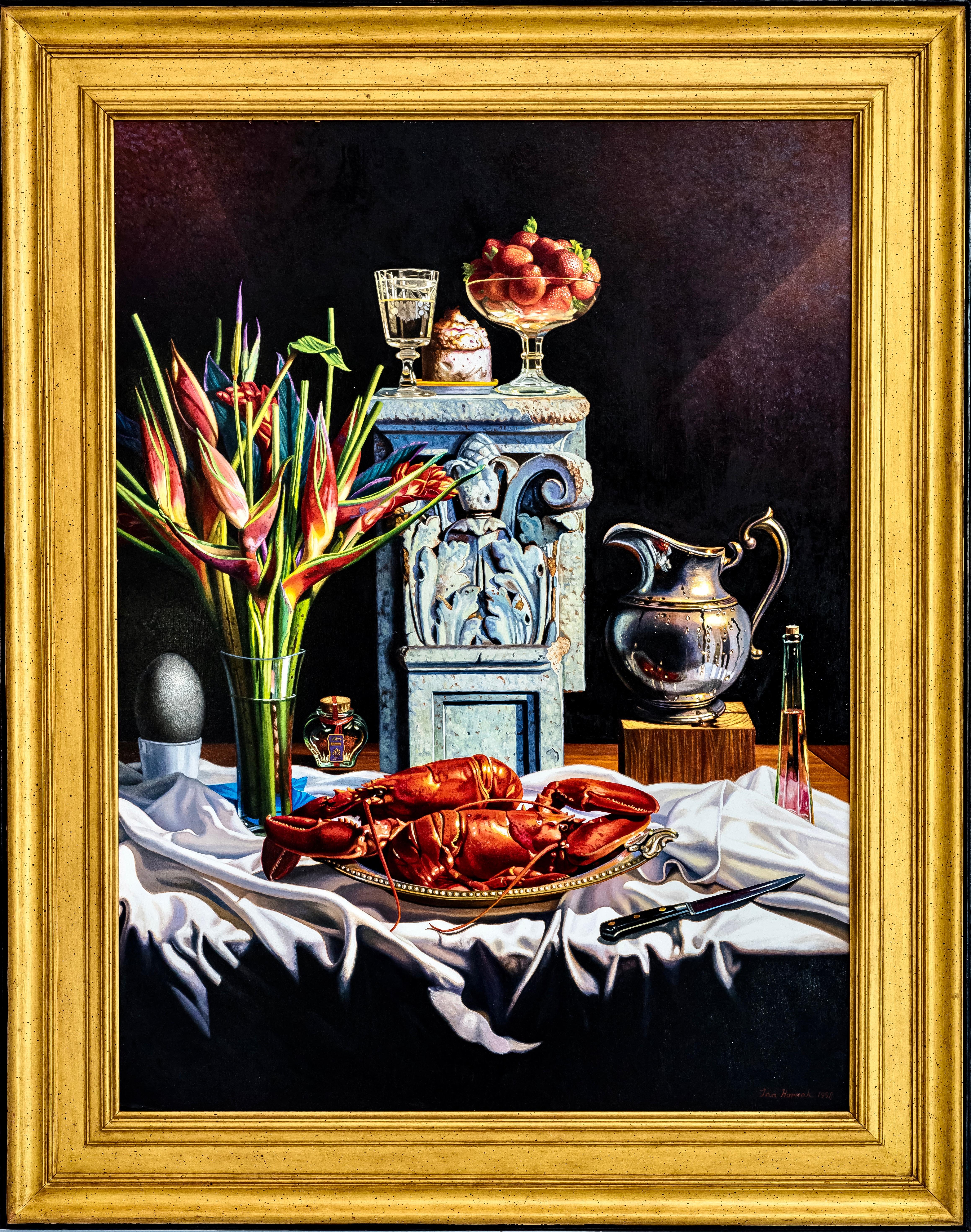 Still Life with Lobster, Helicona, & Silver Pitcher - Black Still-Life Painting by Ian Hornak
