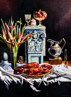 Retro Still Life with Lobster, Helicona, & Silver Pitcher