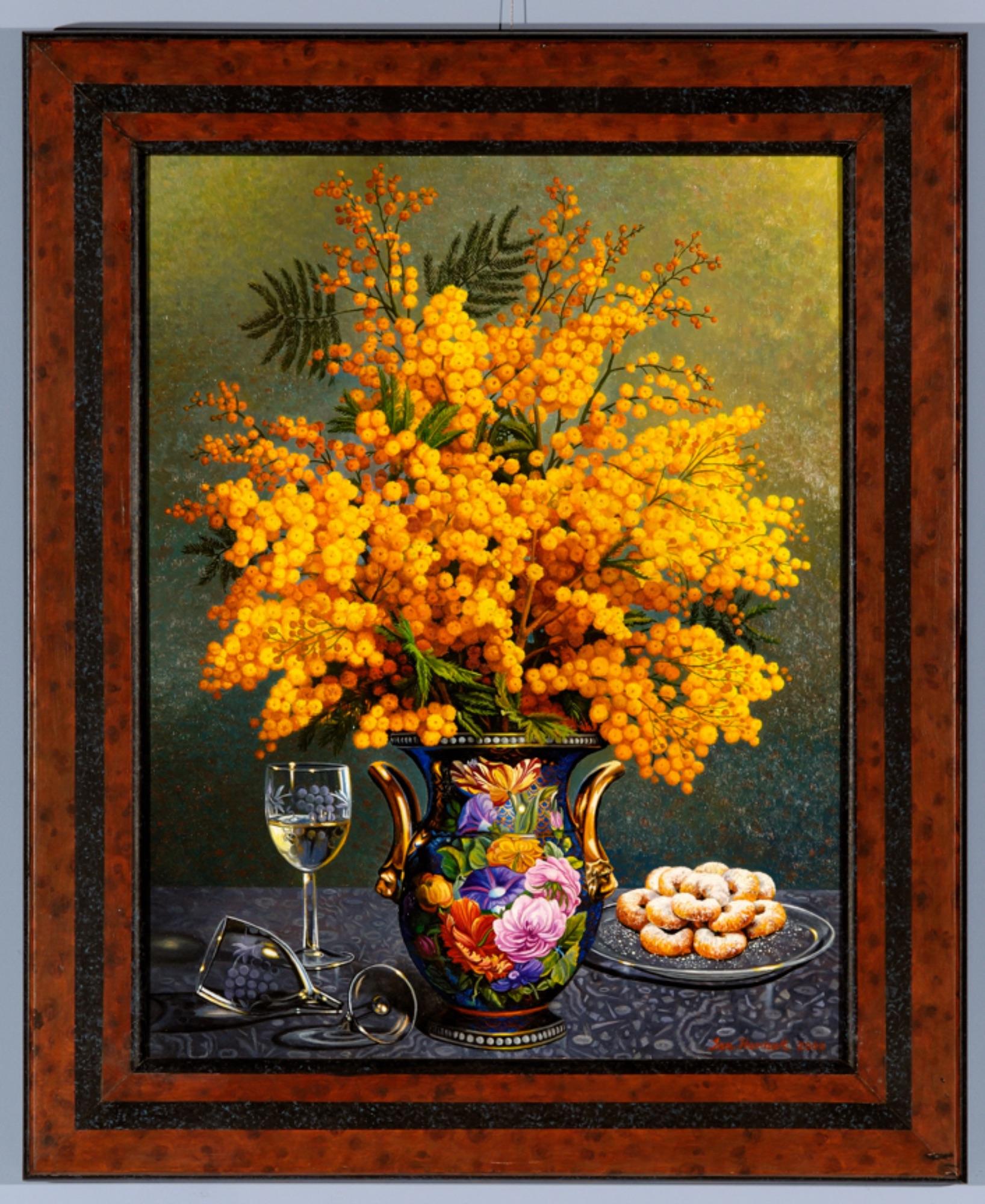Ian Hornak Still-Life Painting - Still Life with Scones, and Mimosa in a Sevres Vase
