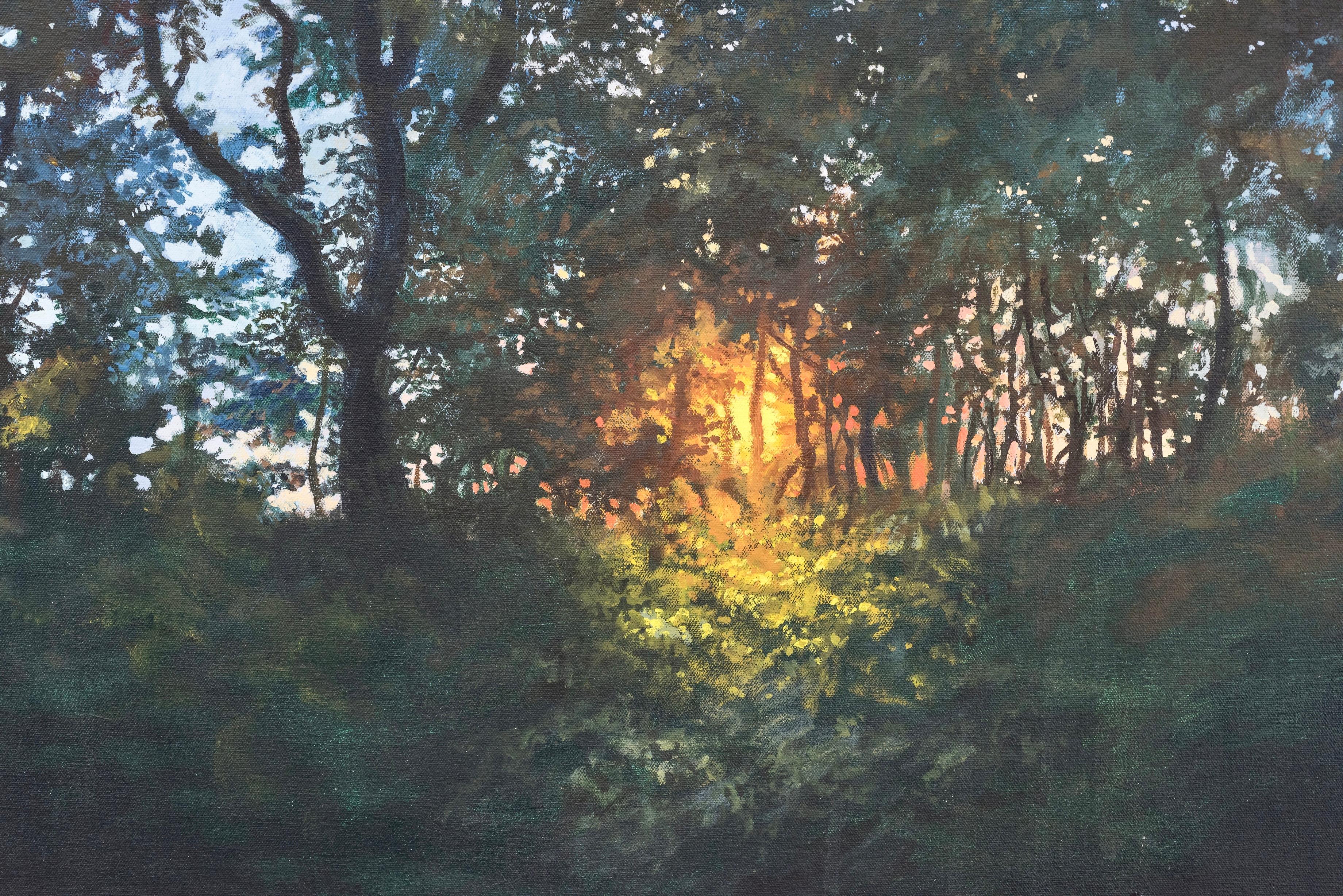 “Sunrise Through Forest, Spiral Nebula , ” Photorealism - Painting by Ian Hornak