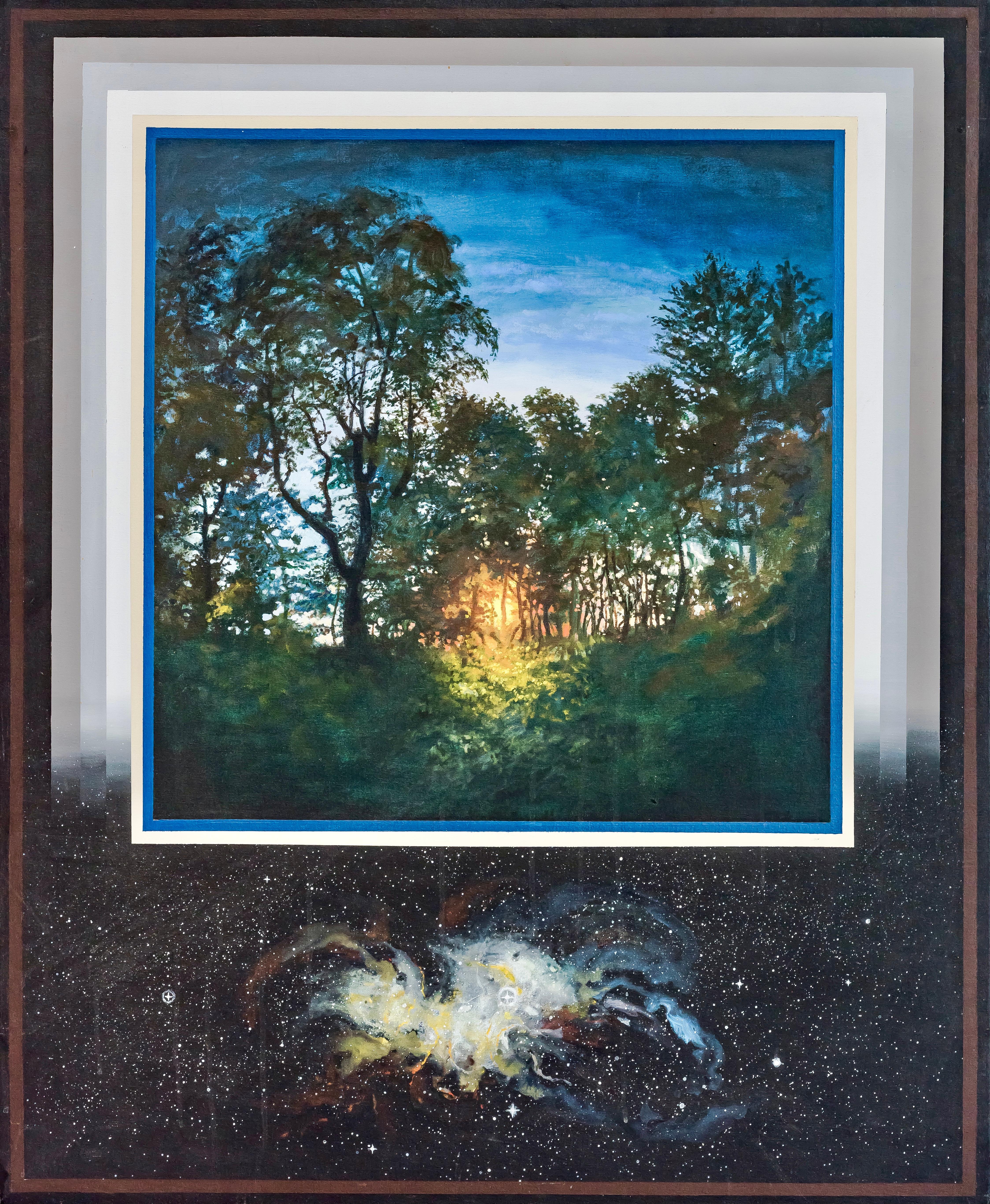 Ian Hornak Abstract Painting - “Sunrise Through Forest, Spiral Nebula , ” Photorealism
