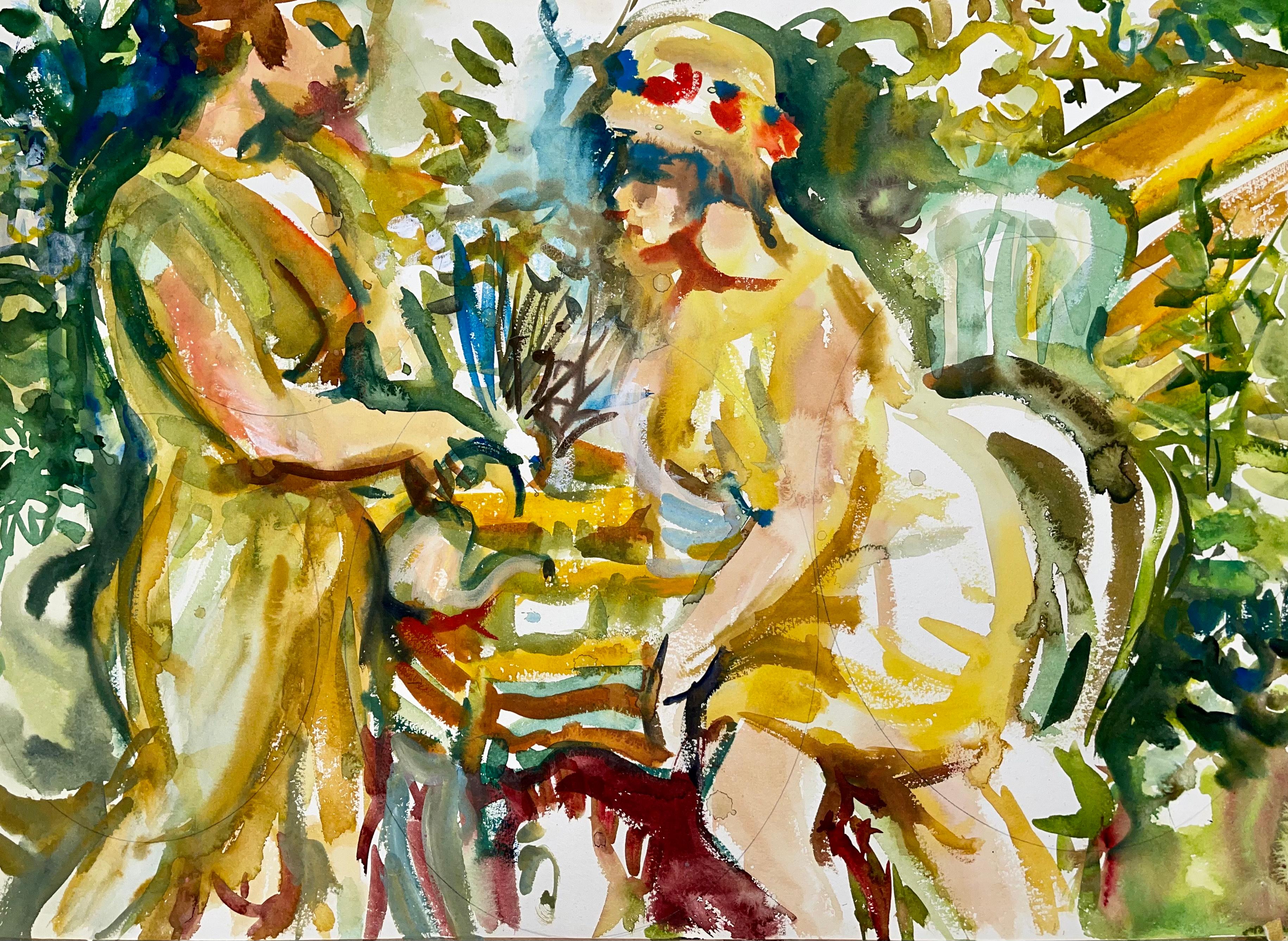 Ian Hornak Figurative Painting - Untitled (Abstract Figures with Flowers)