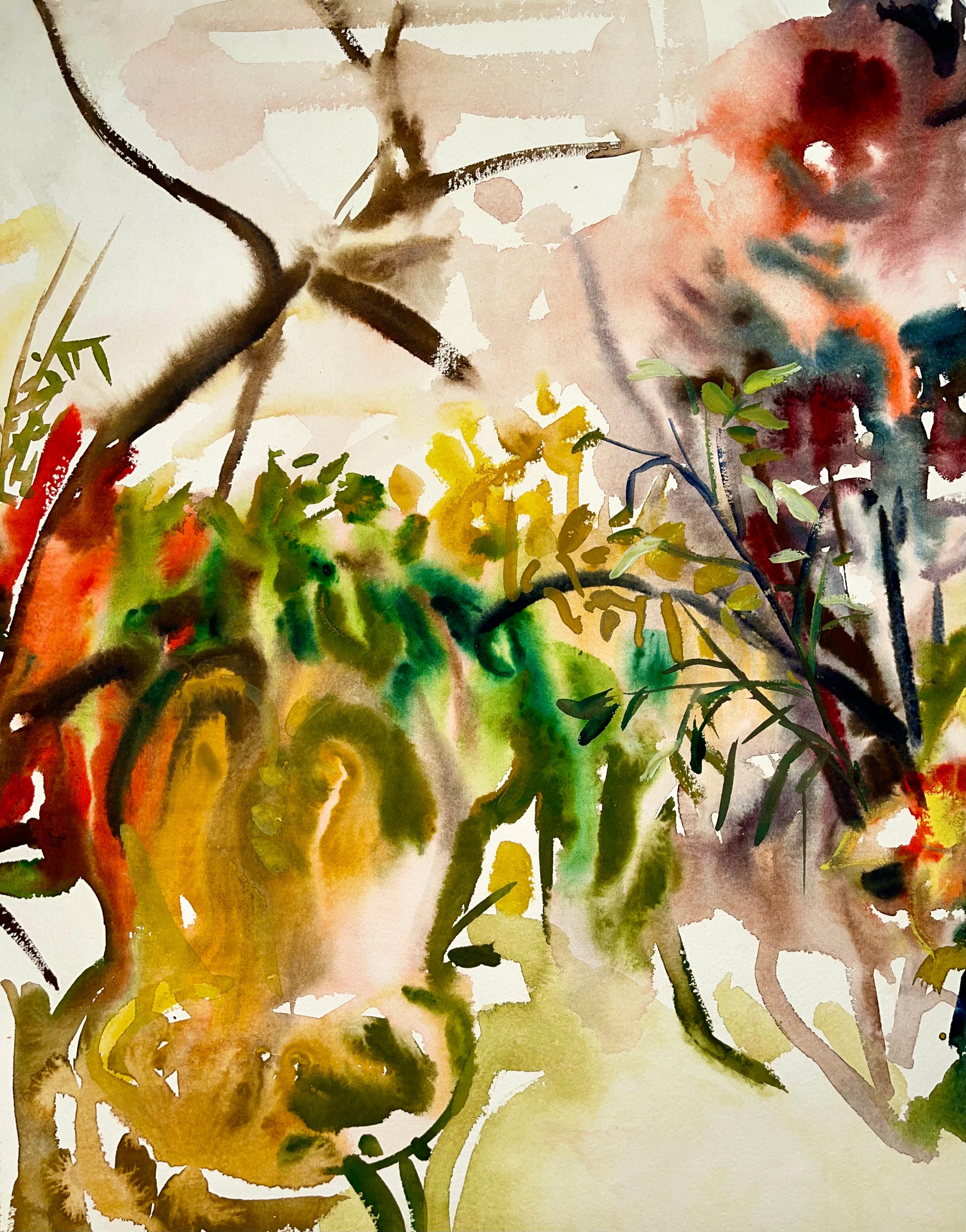 Sans titre (Nature morte abstraite de jardin avec fleurs, plantes et citrouilles) - Beige Still-Life Painting par Ian Hornak
