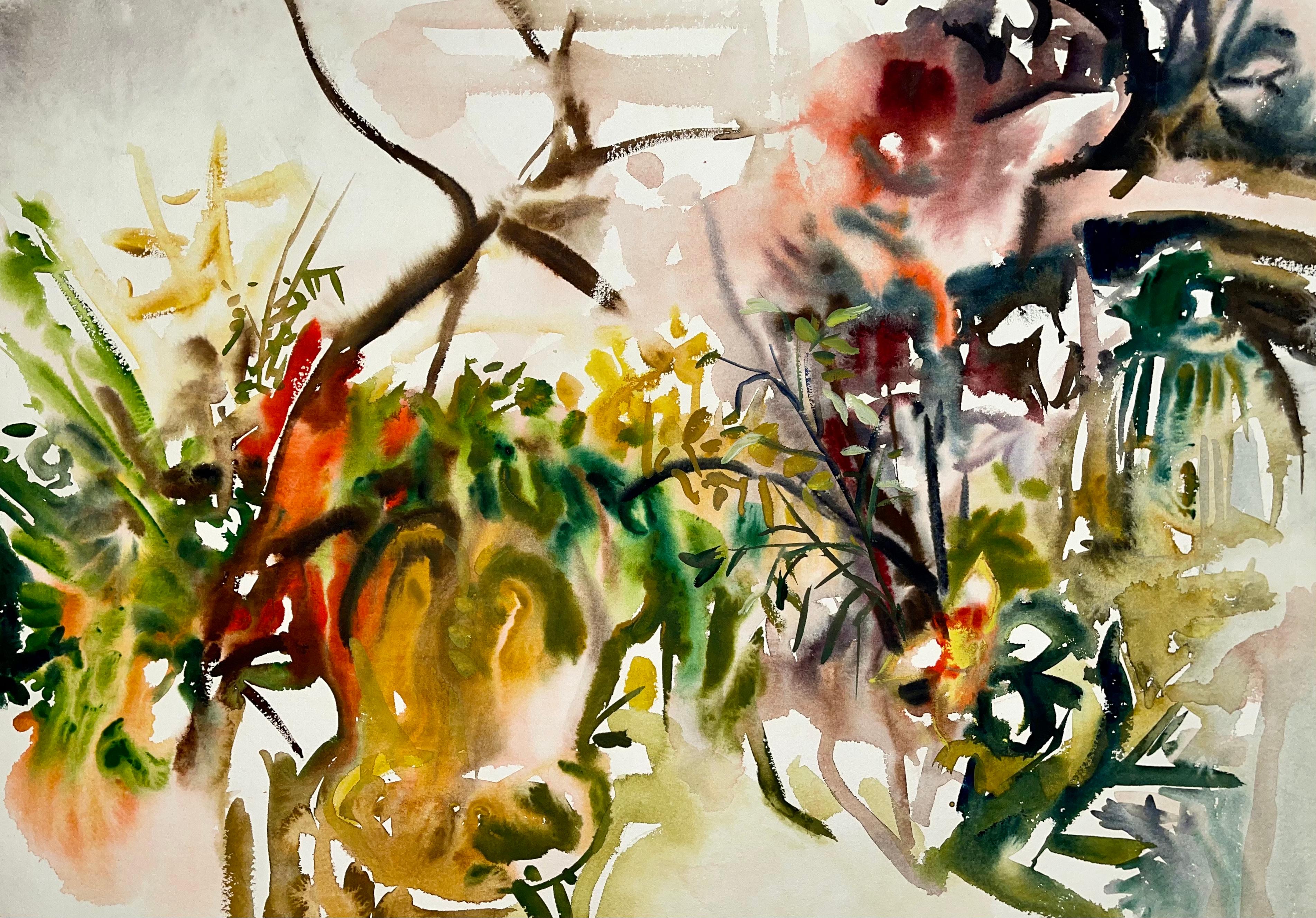Still-Life Painting Ian Hornak - Sans titre (Nature morte abstraite de jardin avec fleurs, plantes et citrouilles)