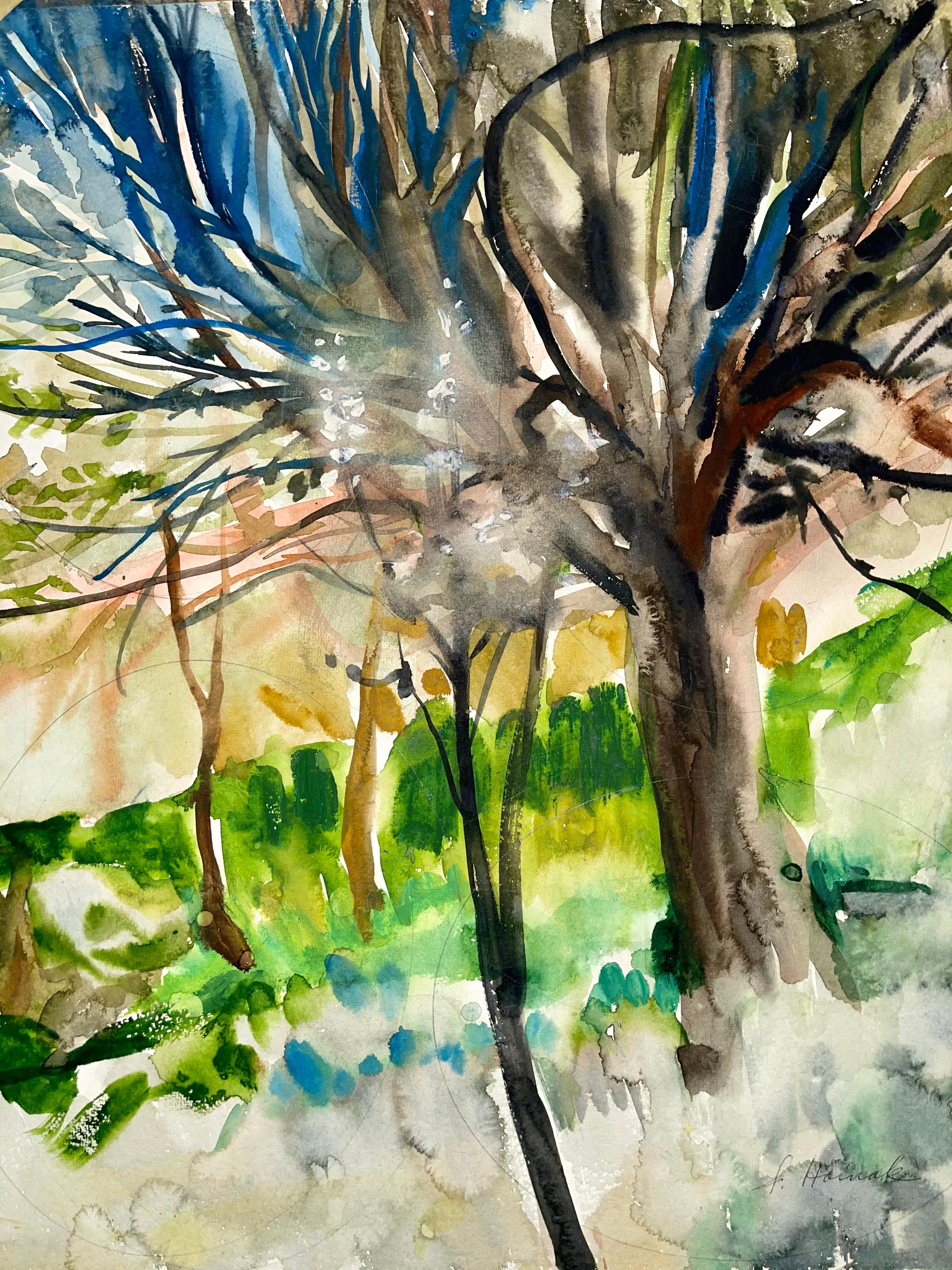 Senza titolo (Paesaggio astratto con albero in fiore) - Figurative Painting Beige di Ian Hornak