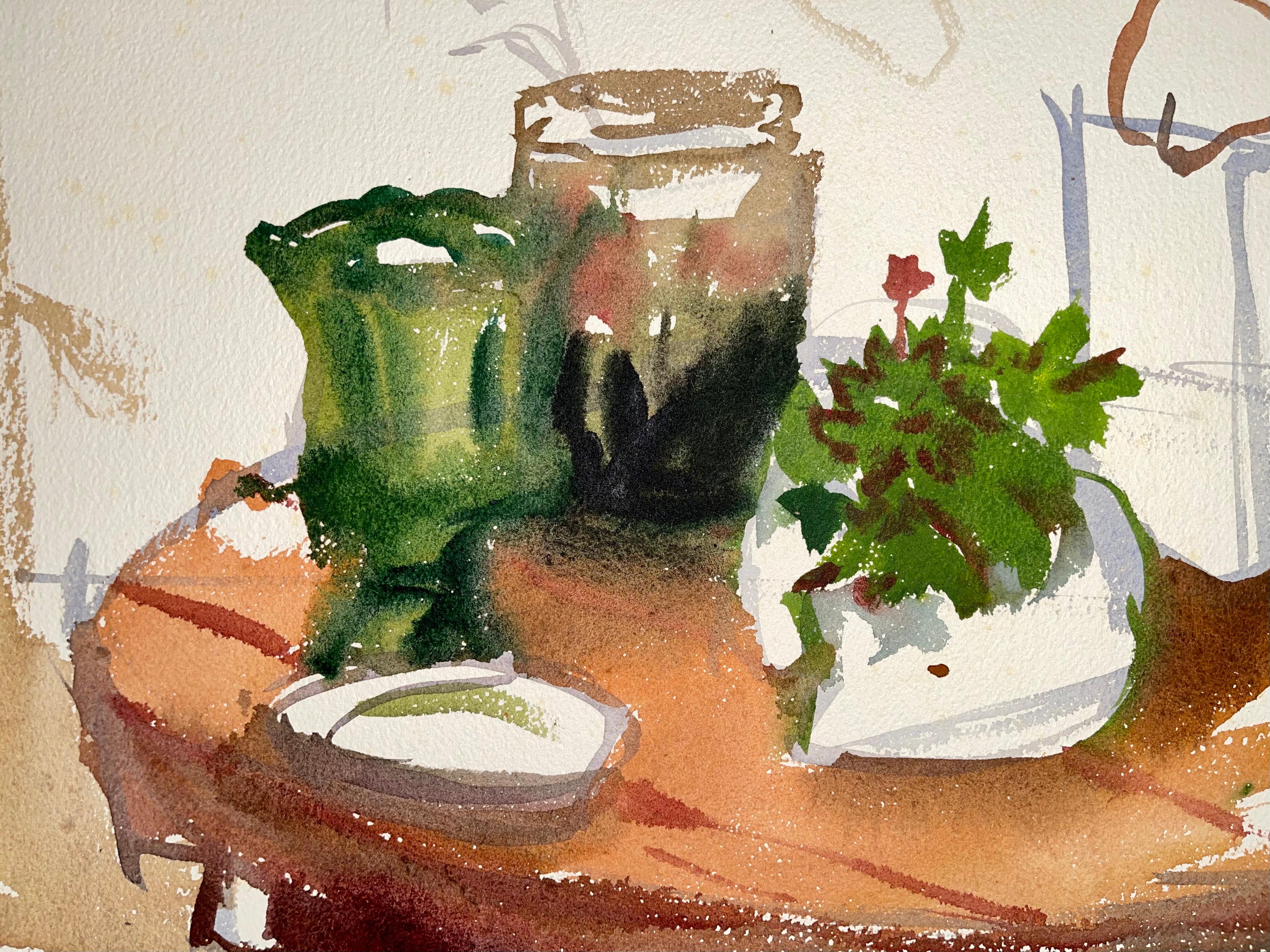 Artista: Ian Hornak (1944-2002)
Titolo: Senza titolo (Natura morta astratta con fiori, piante e vasi)
Anno: 1963
Mezzo di comunicazione: Acquerello su carta d'archivio pesante
Dimensioni: 29,5 x 21 pollici
Condizioni: Buono
Provenienza: Proprietà di