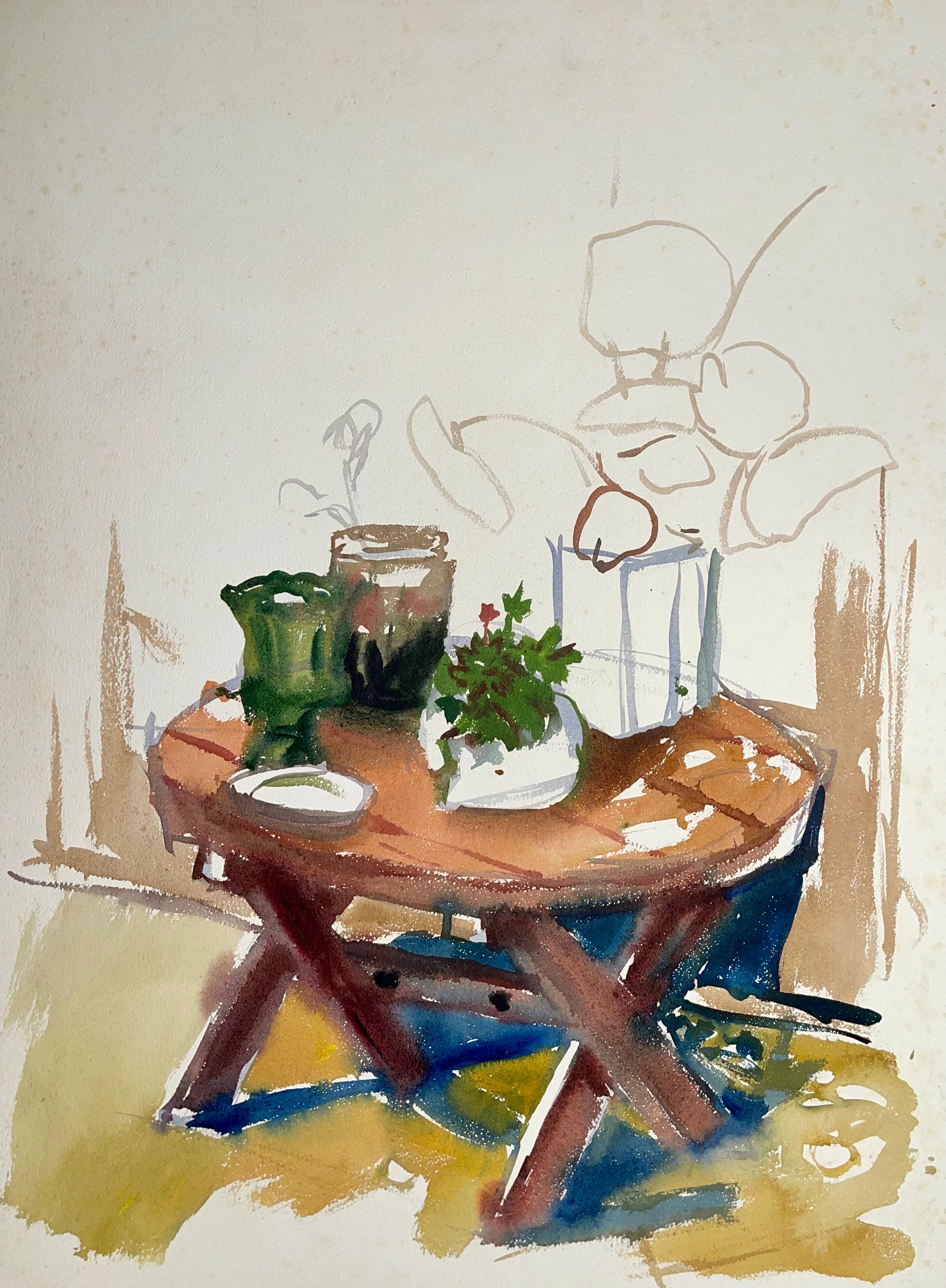 Sans titre (Nature morte abstraite de patio avec fleurs, plantes et pots)