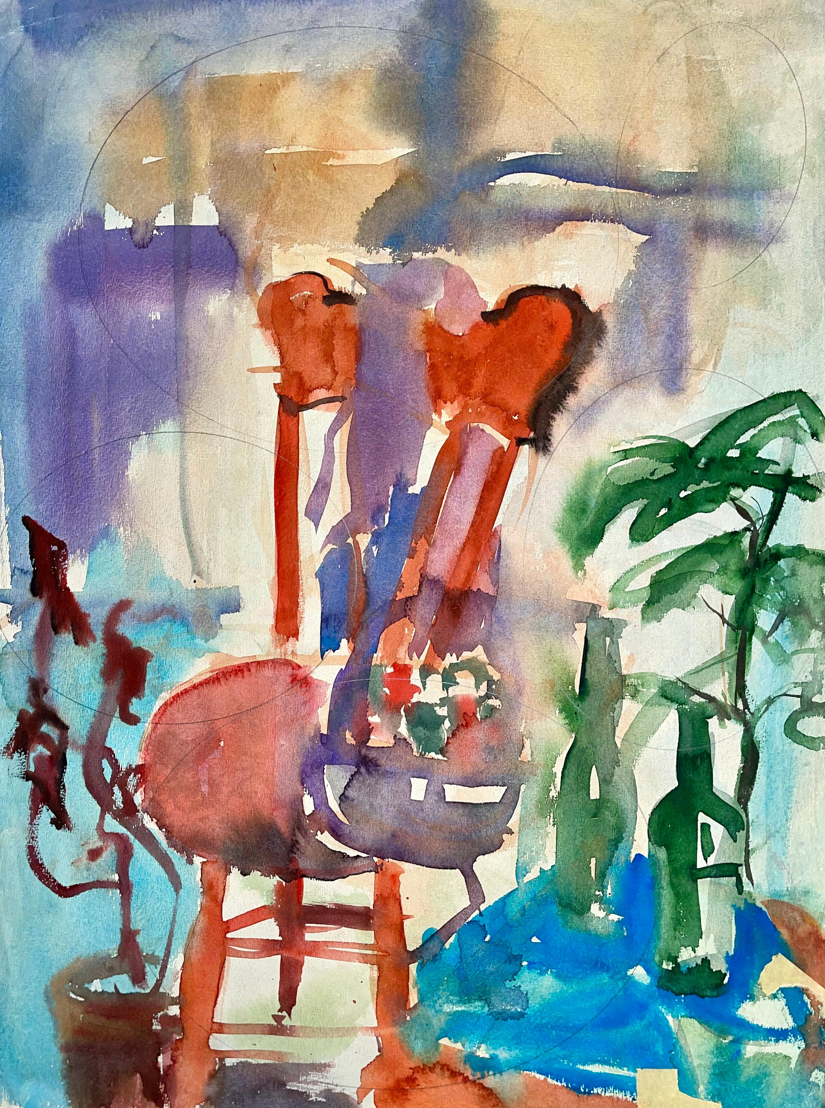 Ian Hornak Interior Painting - Untitled (Abstract Still Life with Chair, Flowers and Bottles)