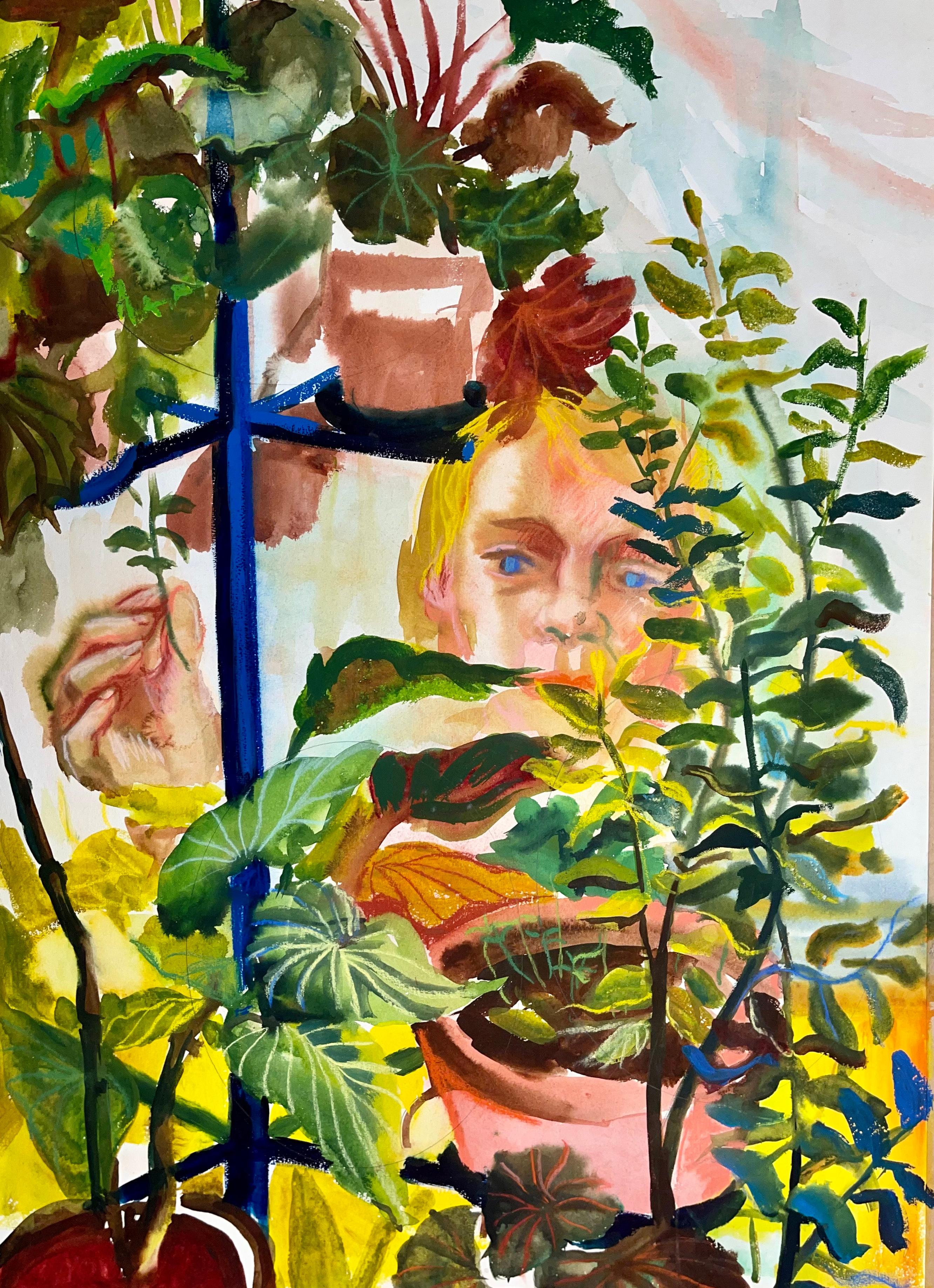 Ian Hornak Interior Painting - Untitled (Abstract Still Life with Figure, Cascading Flowers and Plants)