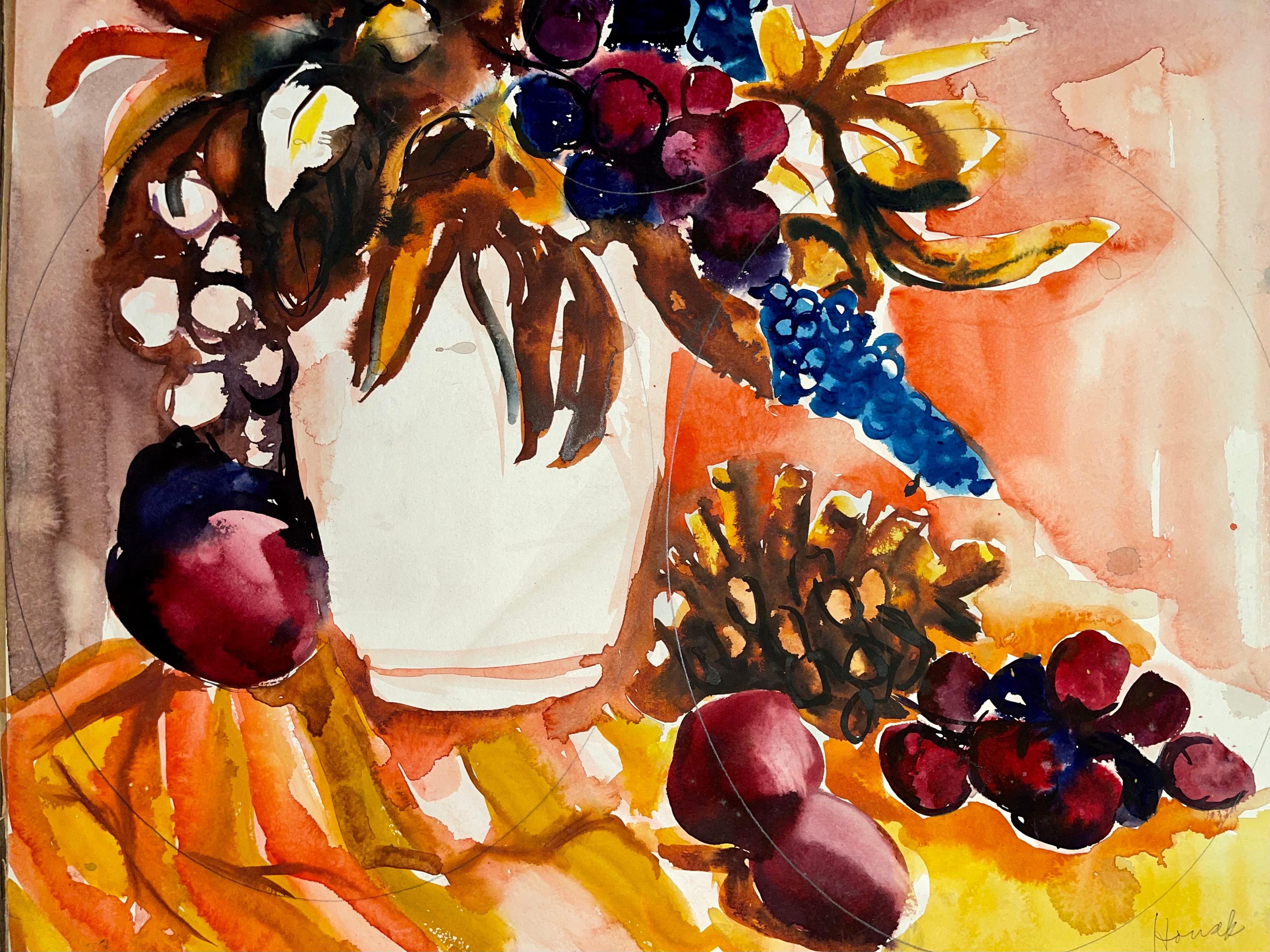Sin título (Naturaleza muerta abstracta con flores y frutas) - Painting Impresionista de Ian Hornak