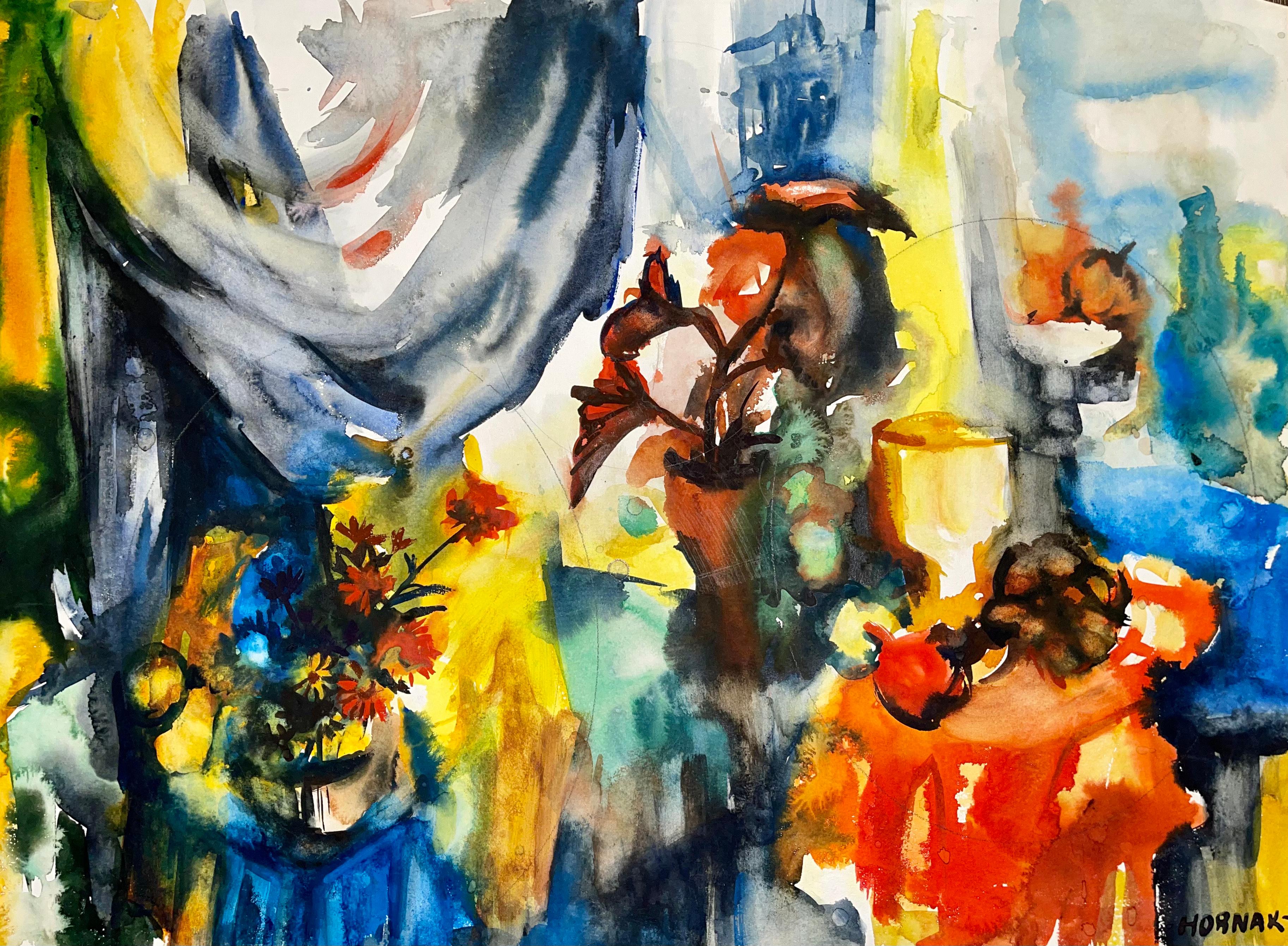 Ian Hornak Still-Life Painting - Untitled (Abstract Still Life with Flowers and Fruit)