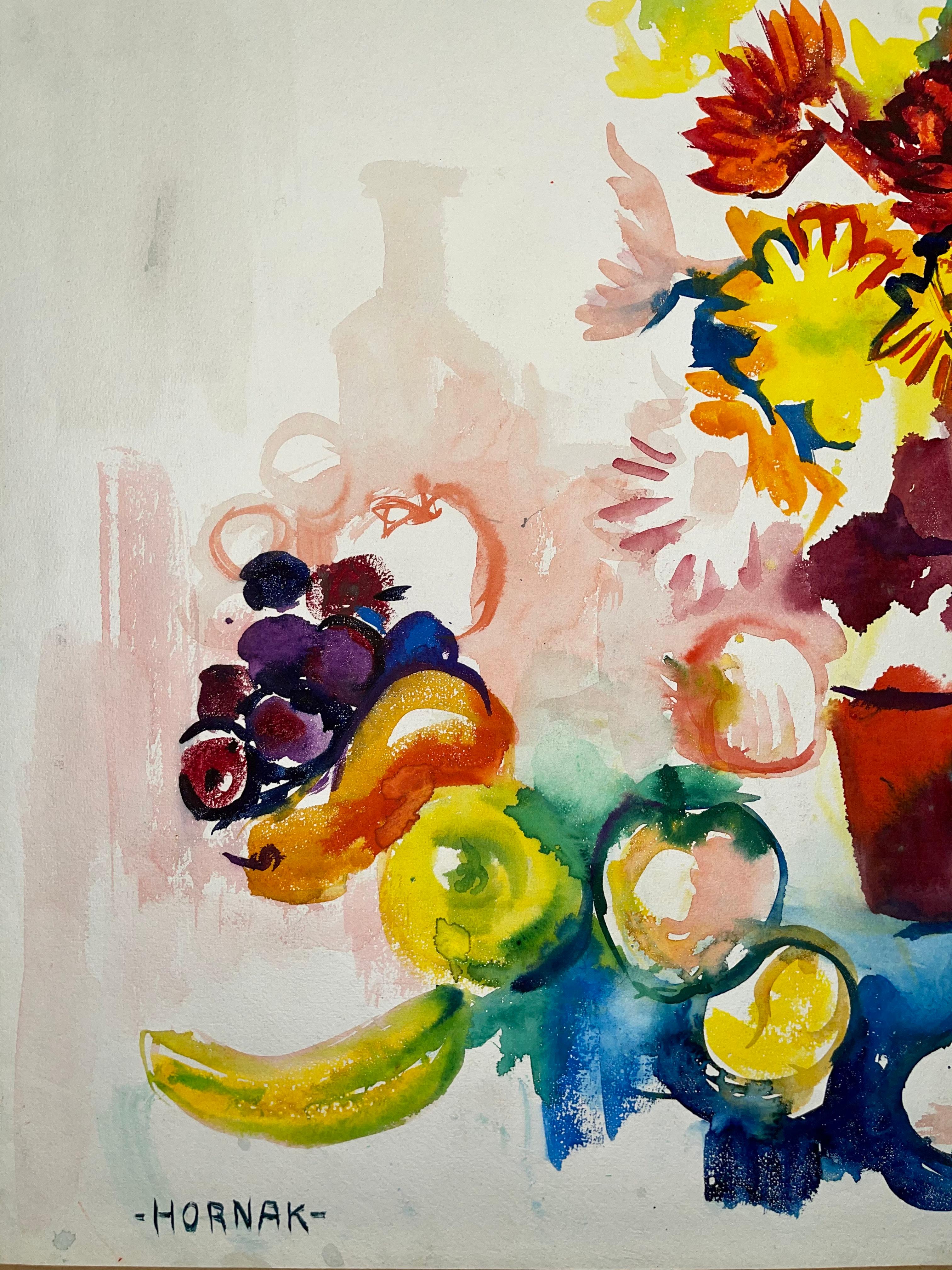 Senza titolo (Natura morta astratta con fiori, frutta e bottiglia) - Painting di Ian Hornak