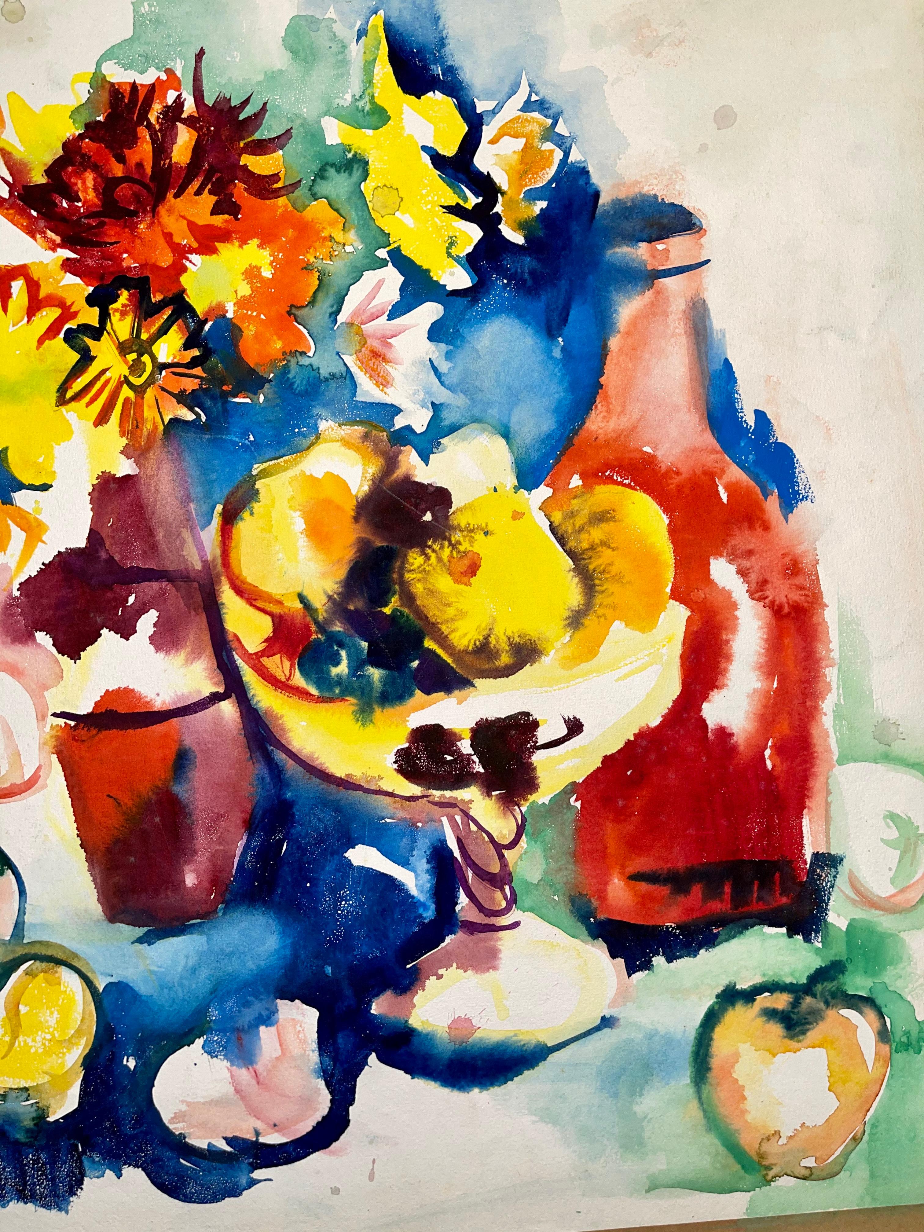 Senza titolo (Natura morta astratta con fiori, frutta e bottiglia) - Painting Impressionismo di Ian Hornak