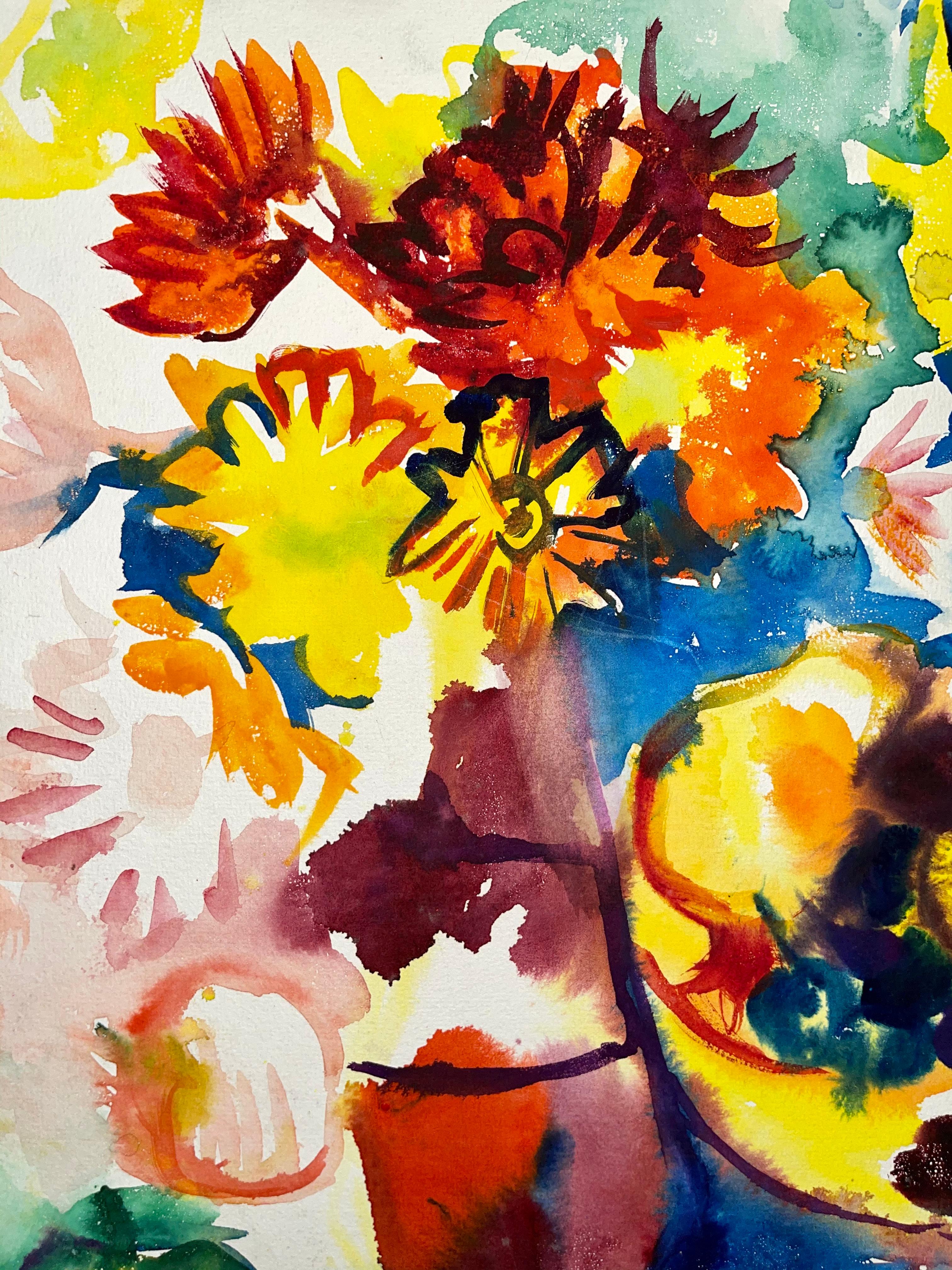 Senza titolo (Natura morta astratta con fiori, frutta e bottiglia) - Still-Life Painting Beige di Ian Hornak