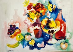 Senza titolo (Natura morta astratta con fiori, frutta e bottiglia)
