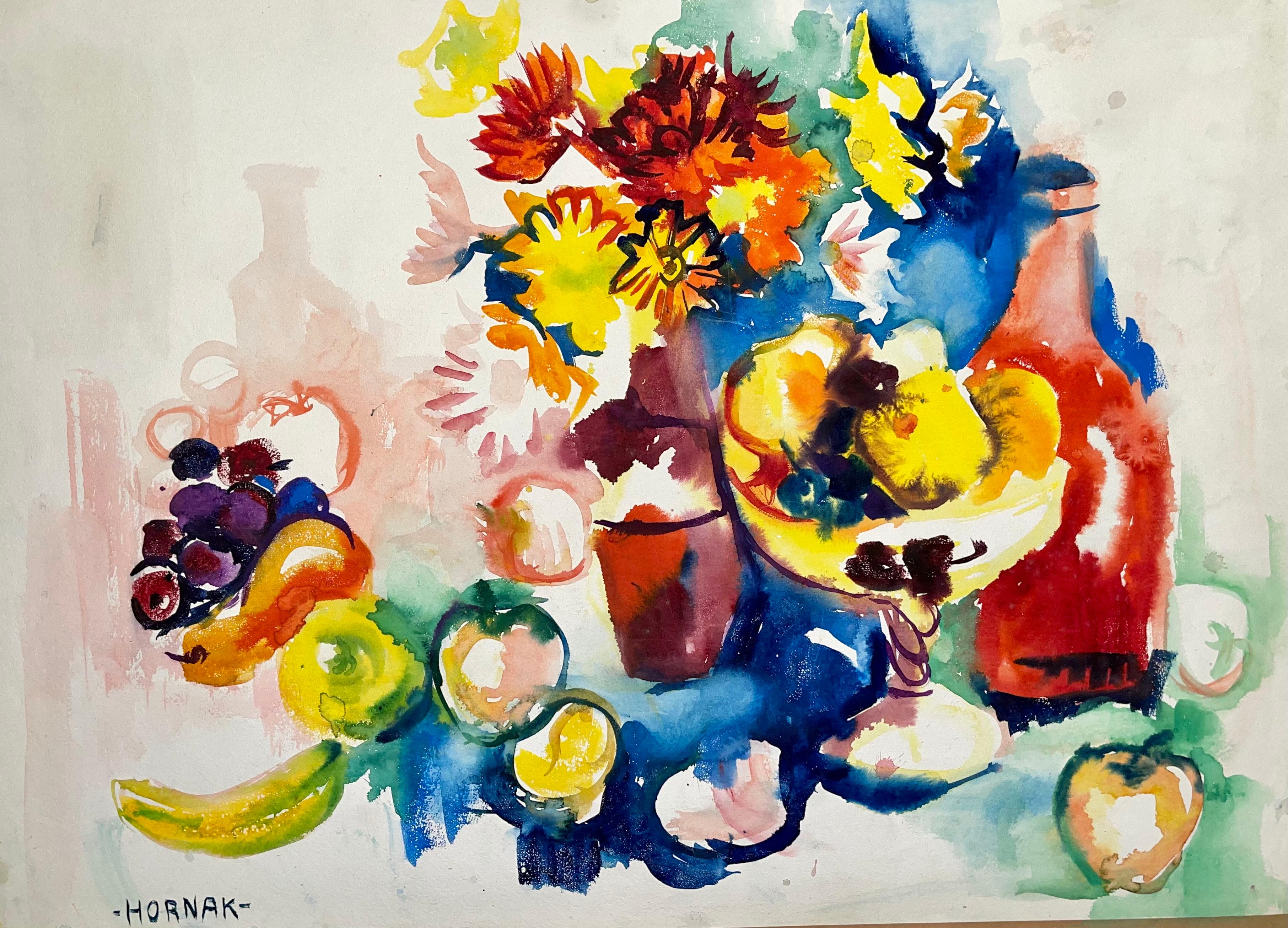 Ian Hornak Interior Painting - Untitled (Abstract Still Life with Flowers, Fruit and Bottle)