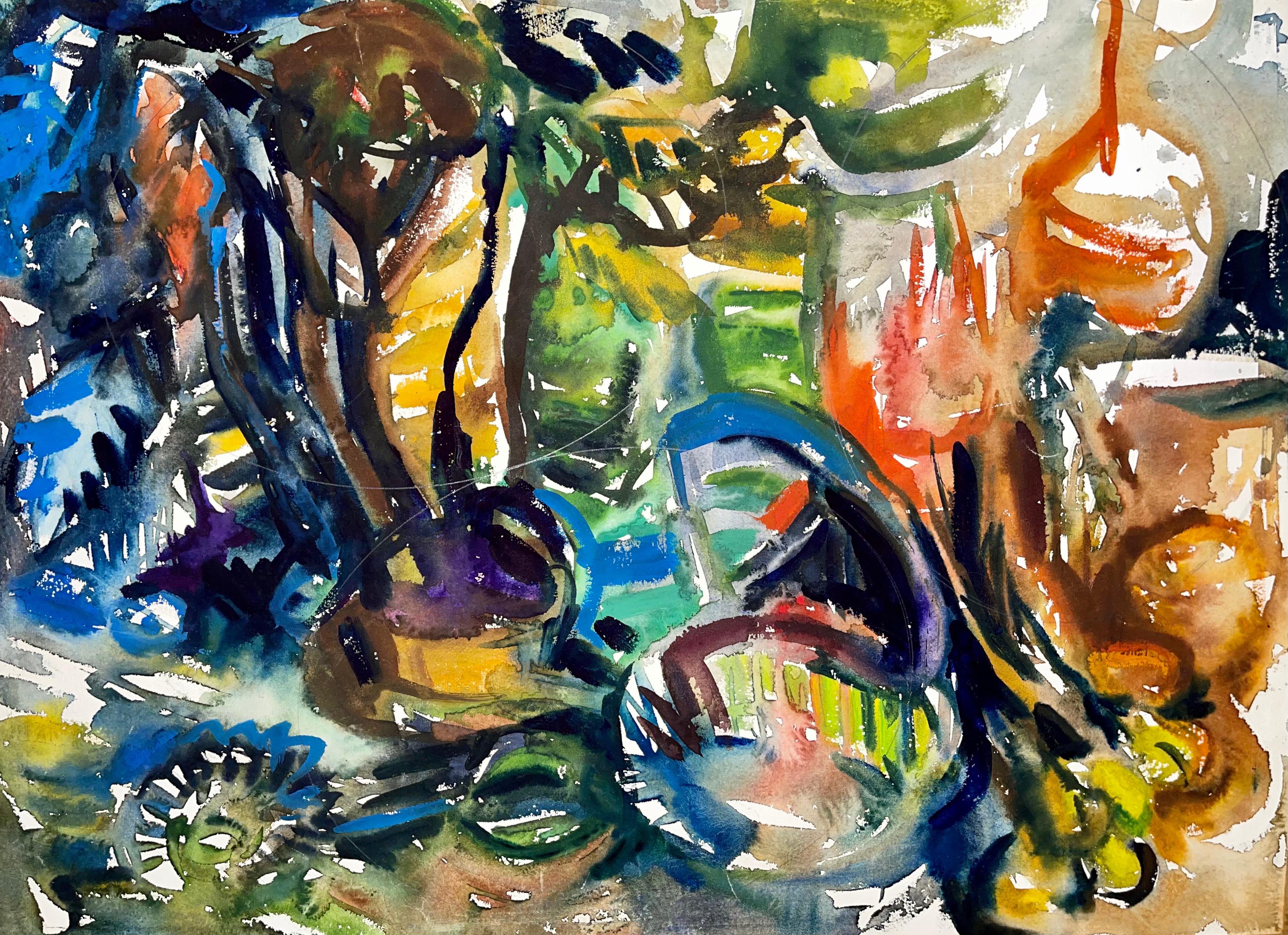 Still-Life Painting de Ian Hornak - Sin título (Naturaleza muerta abstracta con flores, fruta y tetera)