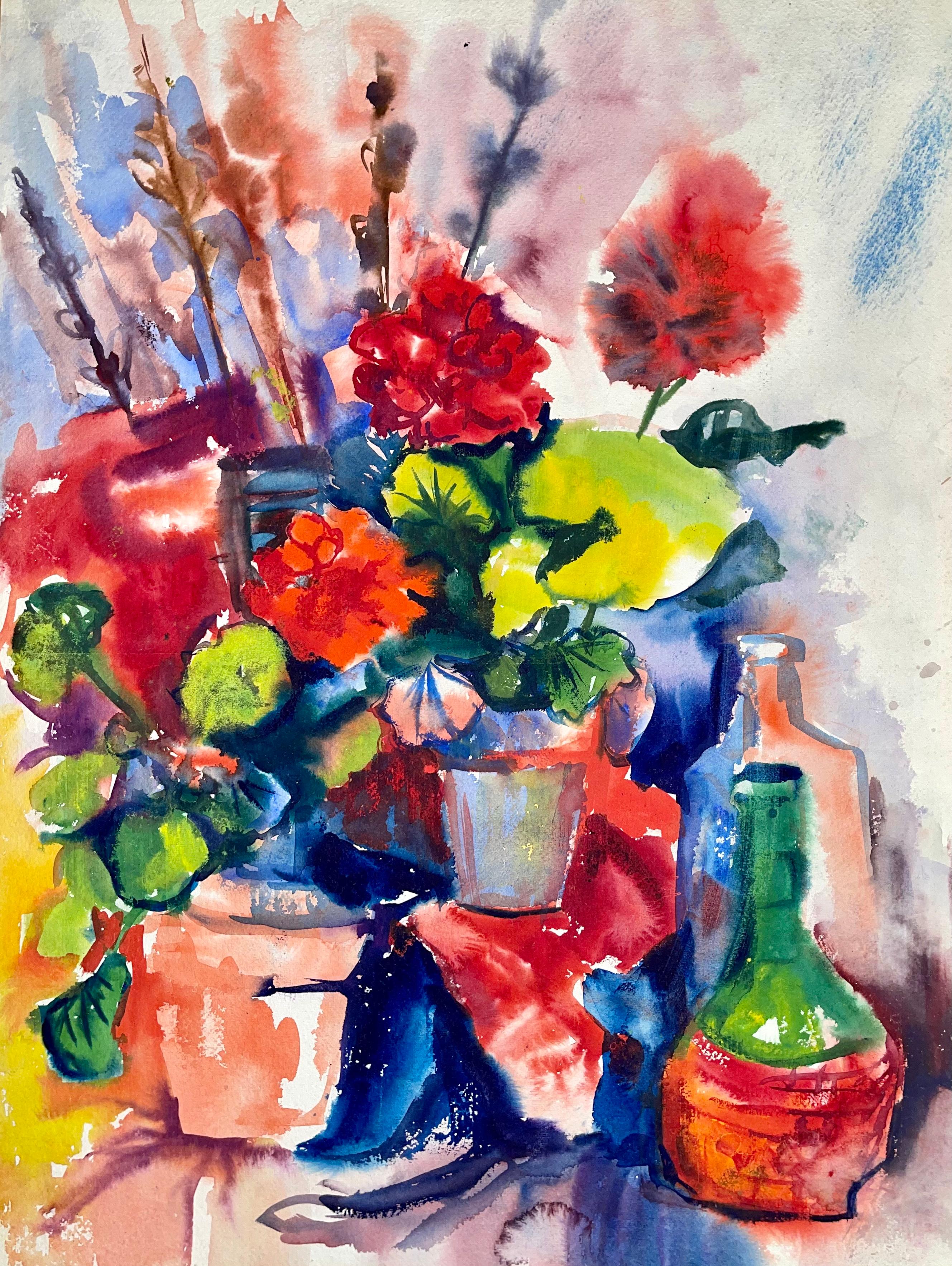 Ian Hornak Still-Life Painting - Untitled (Abstract Still Life with Flowers, Plants and Bottles)