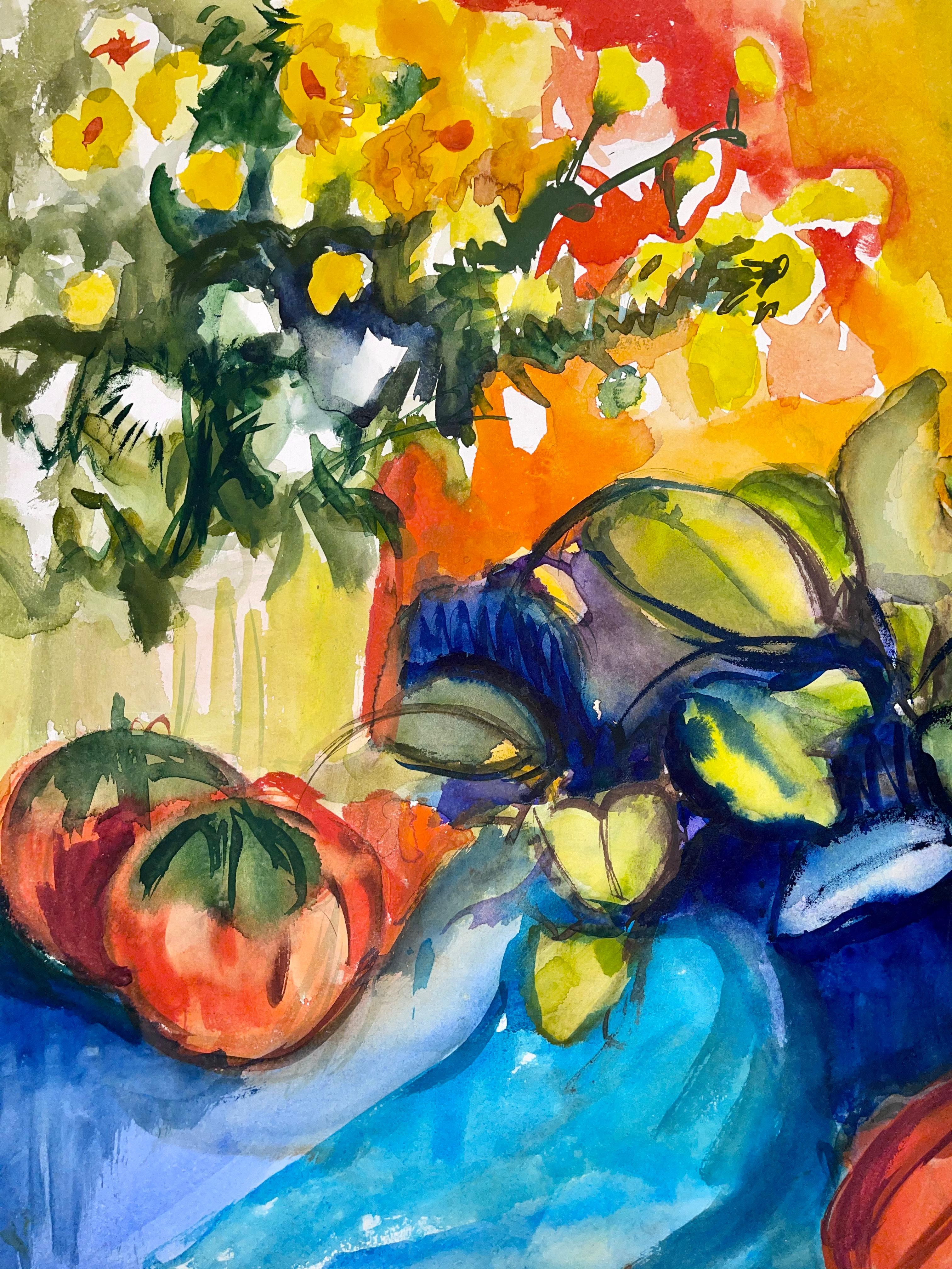 Sans titre (Nature morte abstraite avec fleurs, plantes et poivrons) - Painting de Ian Hornak