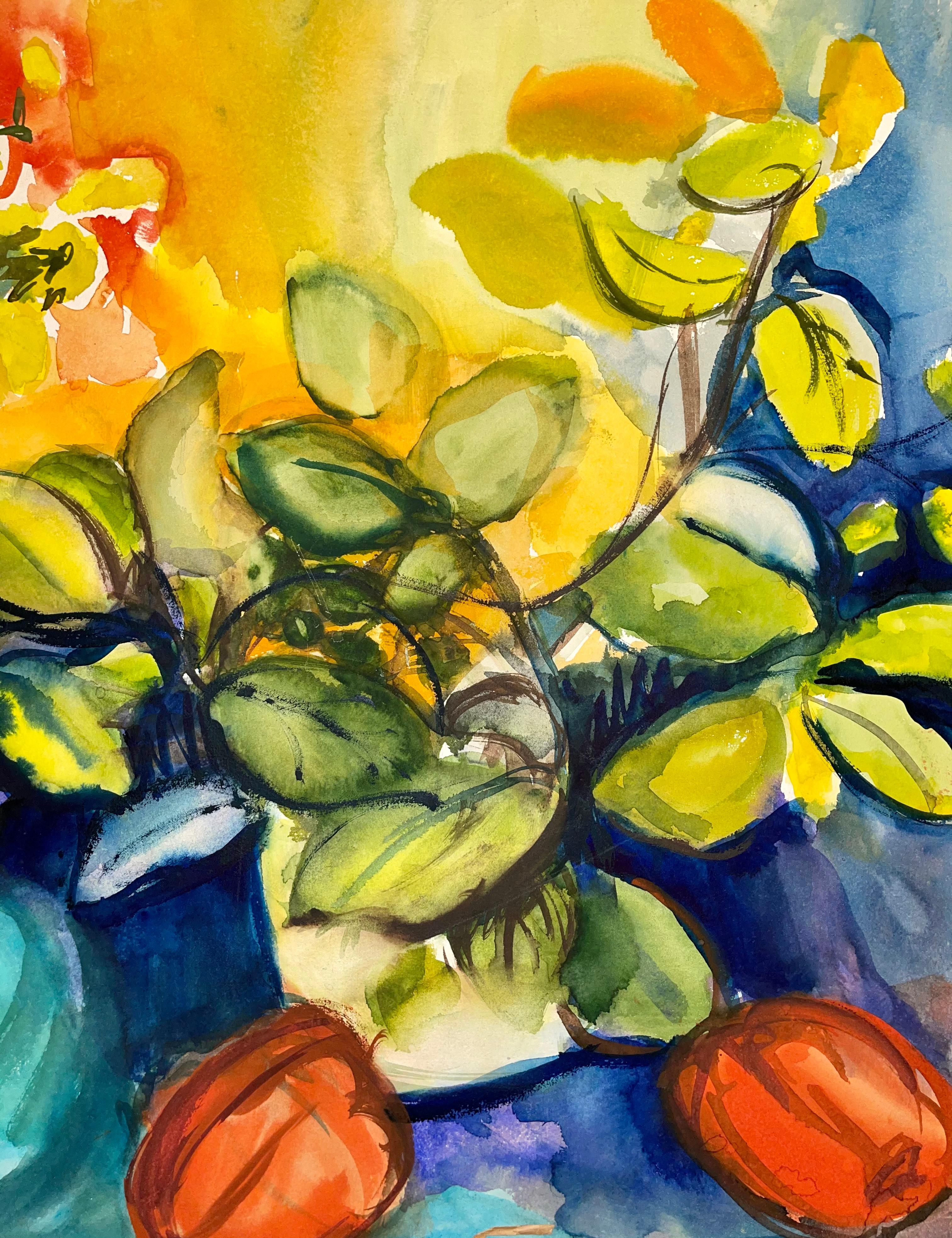 Sans titre (Nature morte abstraite avec fleurs, plantes et poivrons) - Marron Interior Painting par Ian Hornak