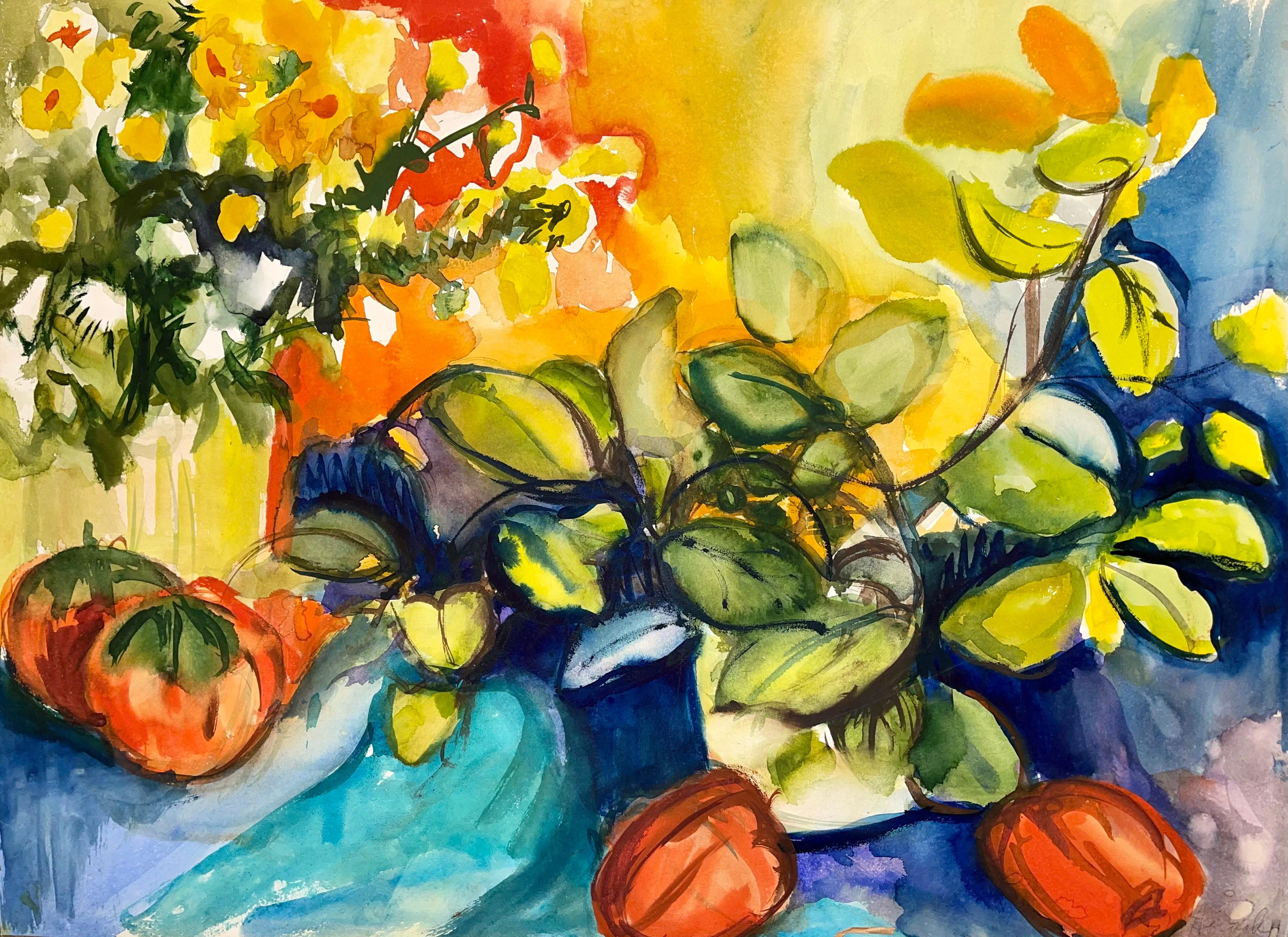 Ian Hornak Still-Life Painting - Untitled (Abstract Still Life with Flowers, Plants and Peppers)