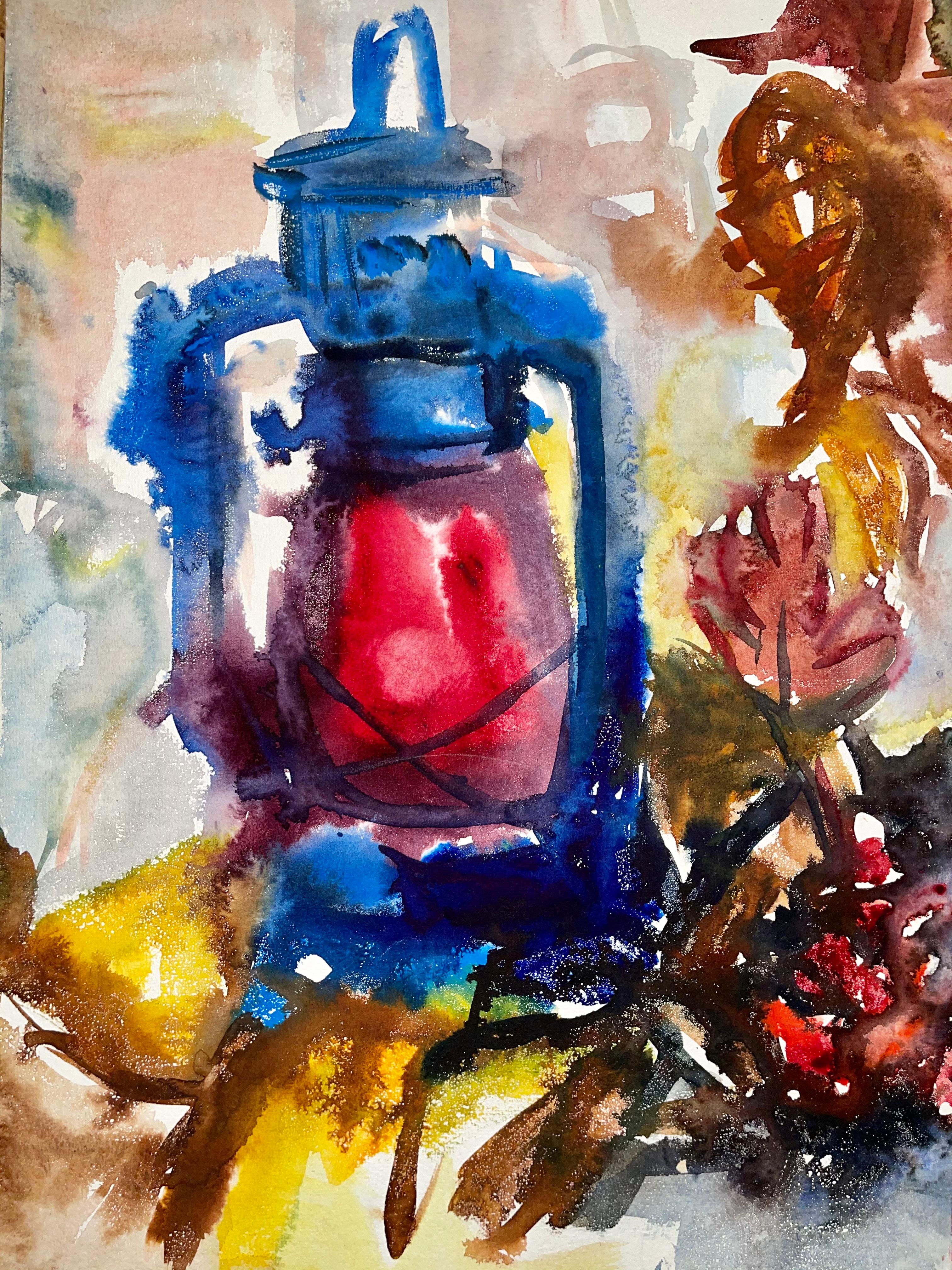 Ohne Titel (Abstraktes Stillleben mit Laterne, Blumen und Obst) – Painting von Ian Hornak