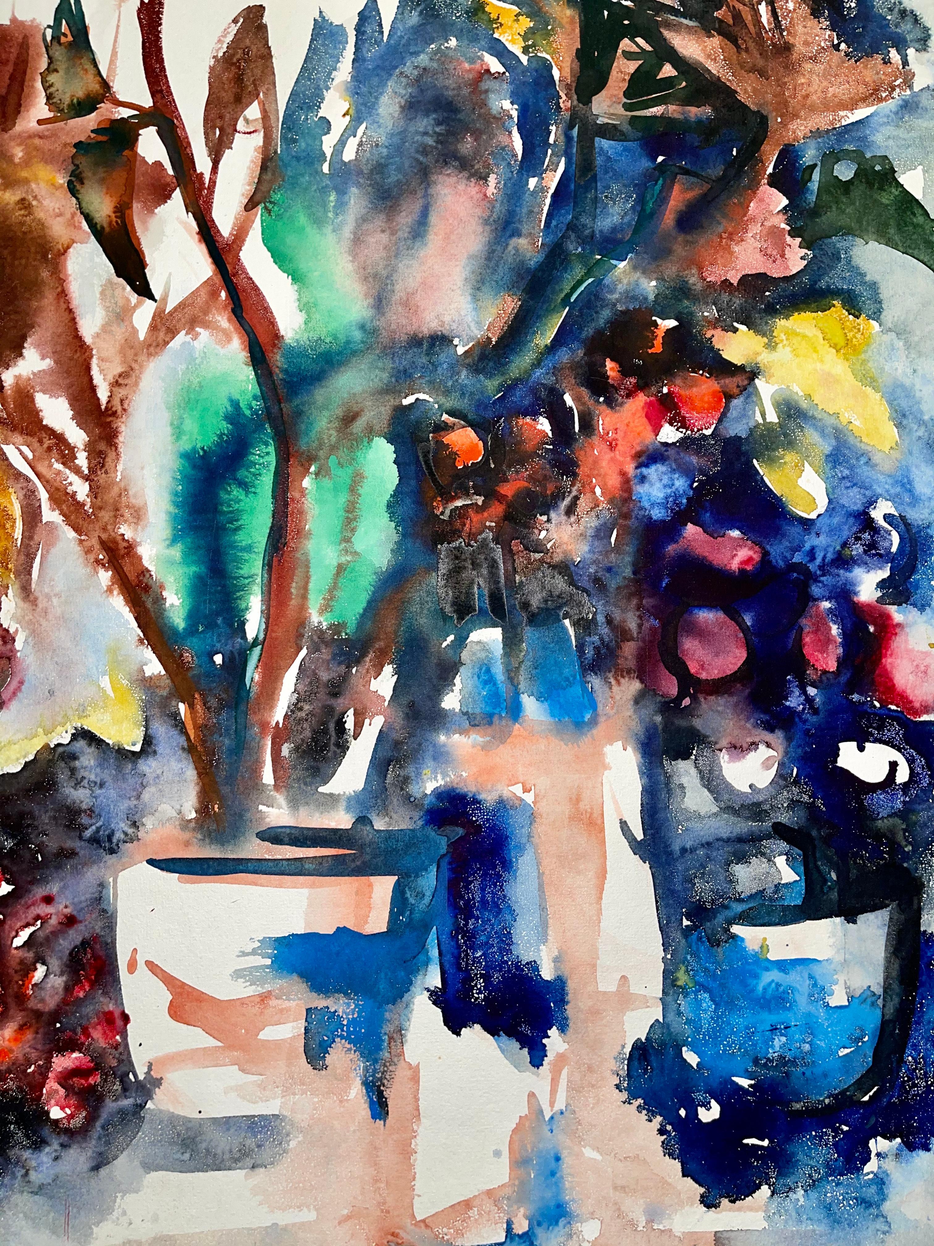 Ohne Titel (Abstraktes Stillleben mit Laterne, Blumen und Obst) (Schwarz), Interior Painting, von Ian Hornak