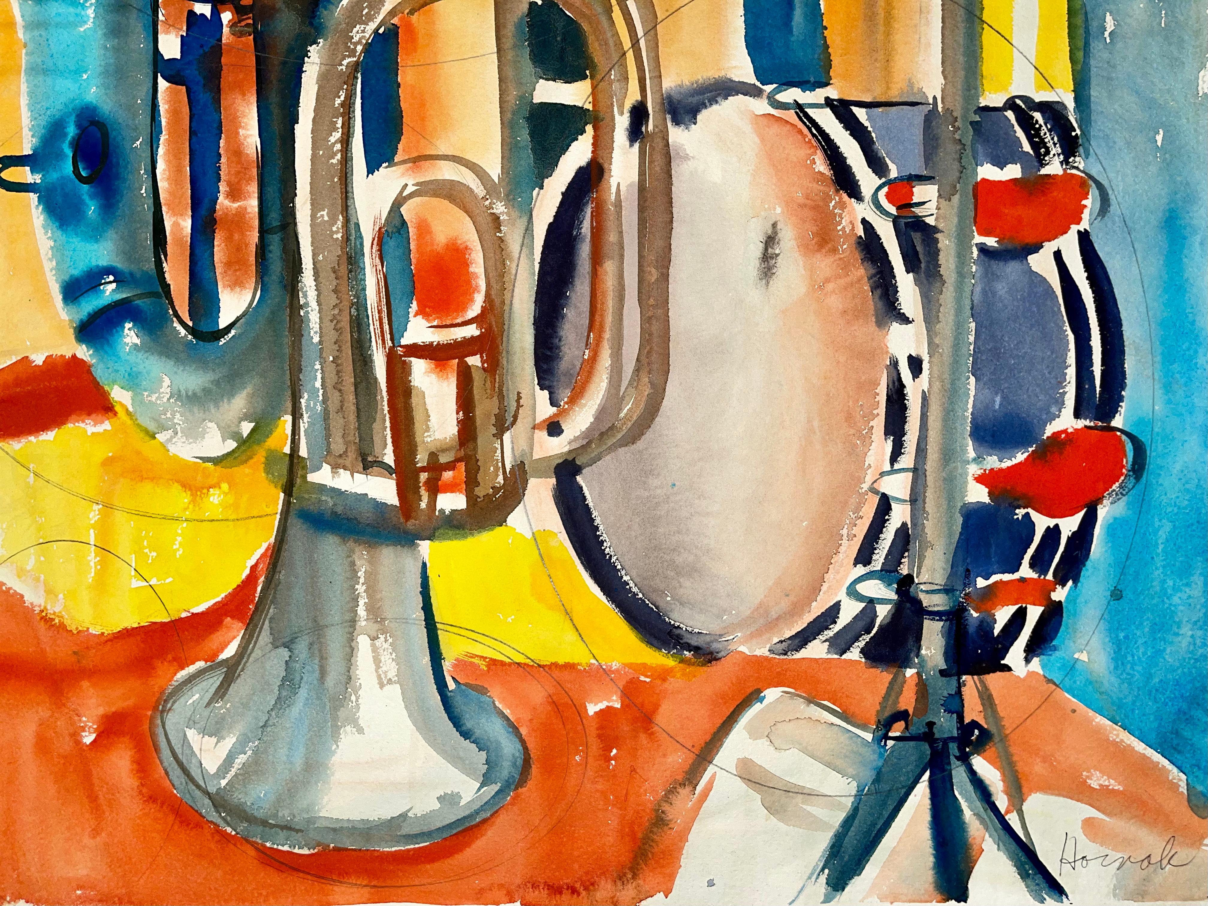 Untitled (Abstract Still Life with Music Stand, French Horn, Saxophone, Drum) - Painting by Ian Hornak