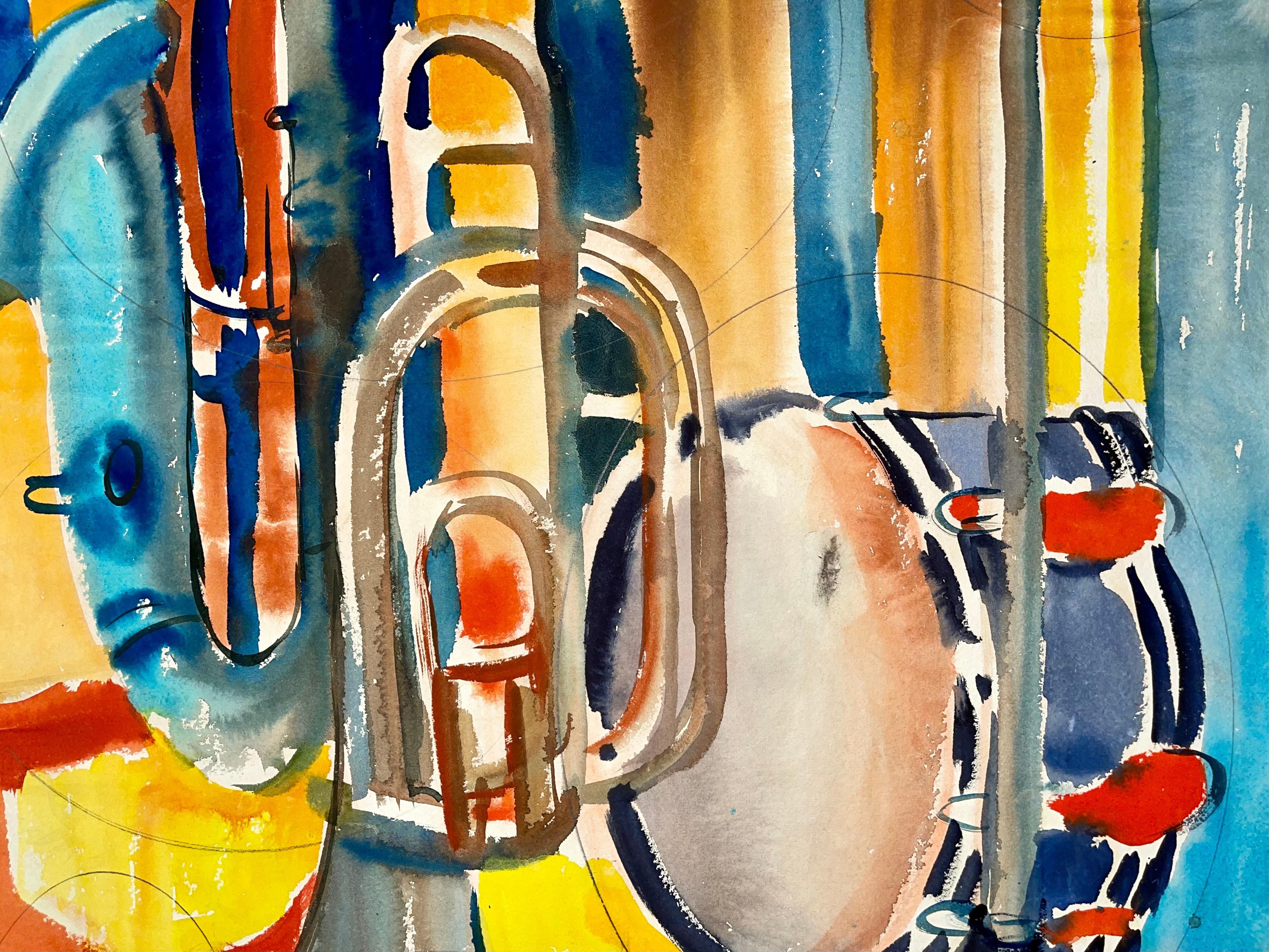 Untitled (Abstract Still Life with Music Stand, French Horn, Saxophone, Drum) - Impressionist Painting by Ian Hornak