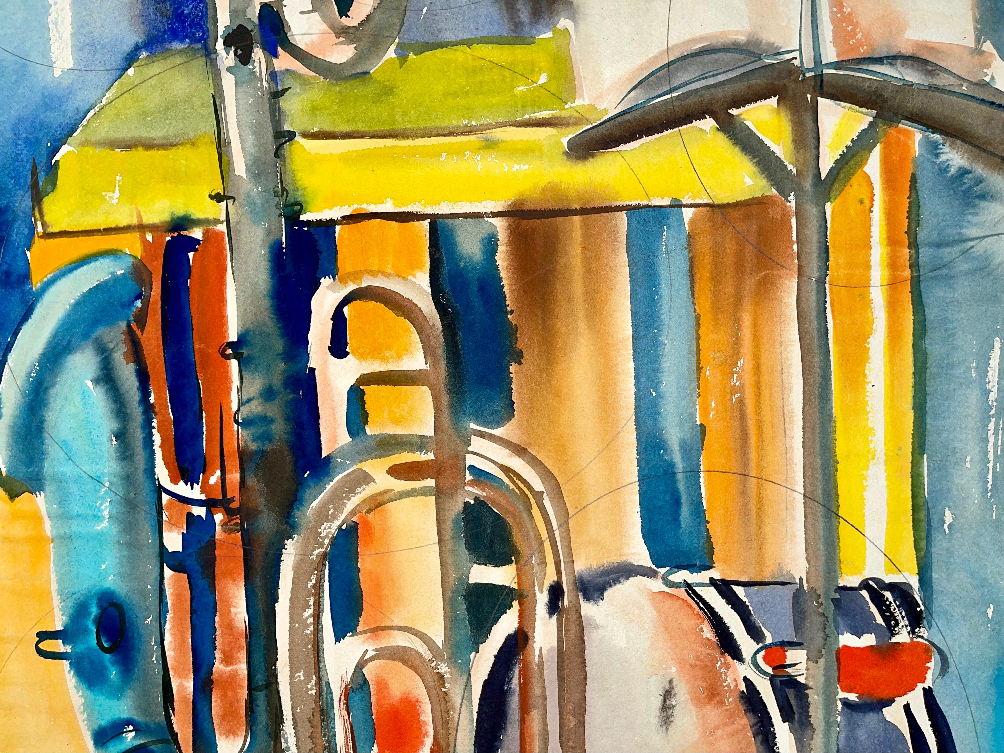 Untitled (Abstract Still Life with Music Stand, French Horn, Saxophone, Drum) - Beige Interior Painting by Ian Hornak