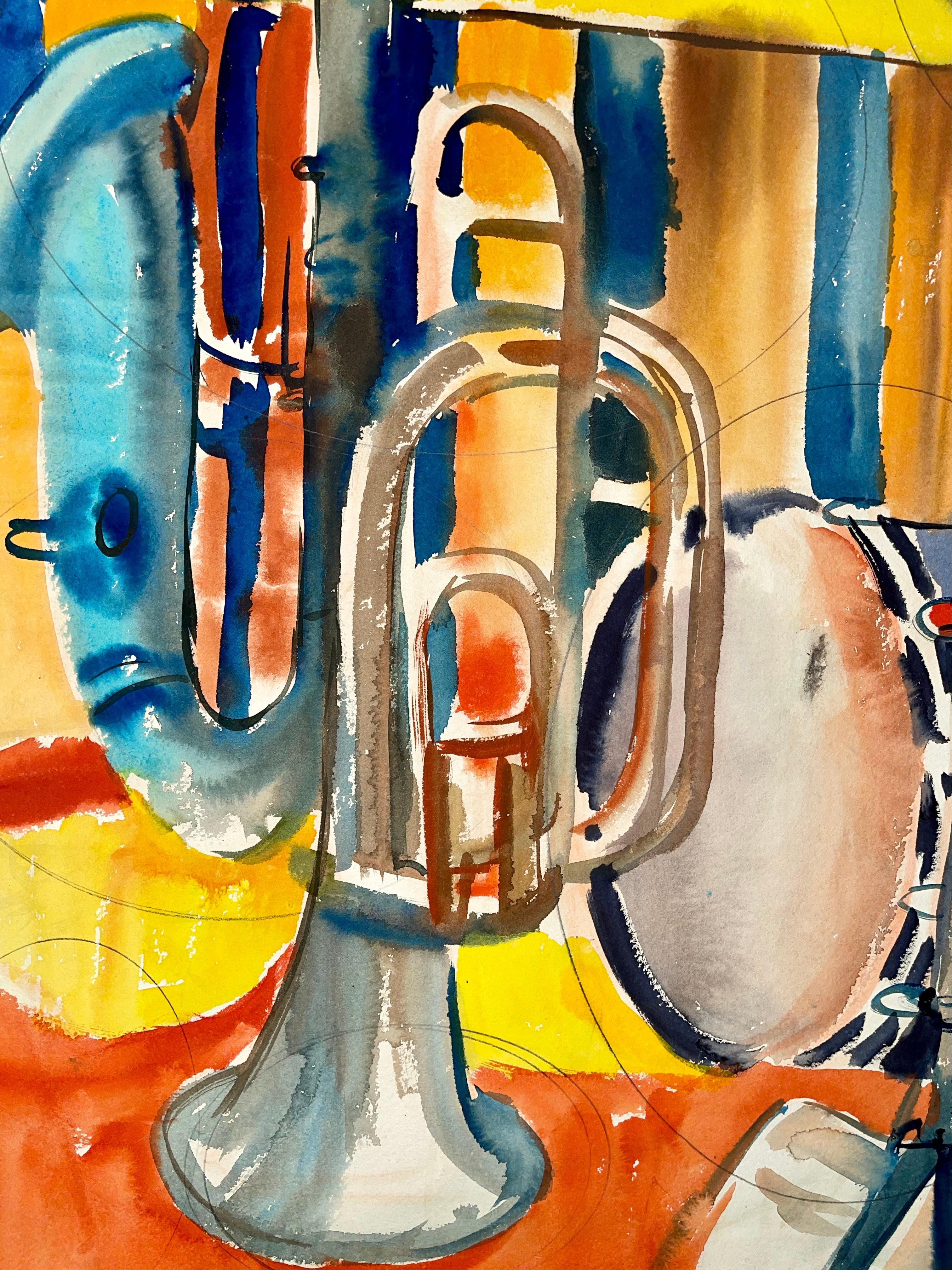 Untitled (Abstract Still Life with Music Stand, French Horn, Saxophone, Drum)  - Impressionist Painting by Ian Hornak