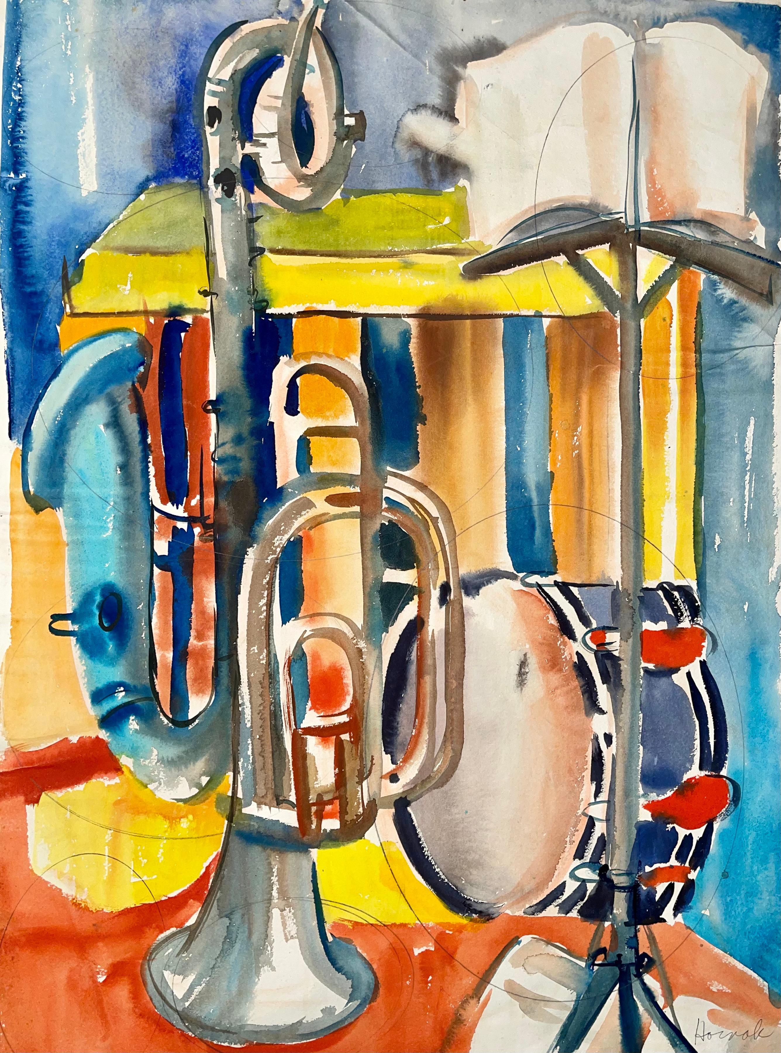 Ian Hornak Interior Painting - Untitled (Abstract Still Life with Music Stand, French Horn, Saxophone, Drum)